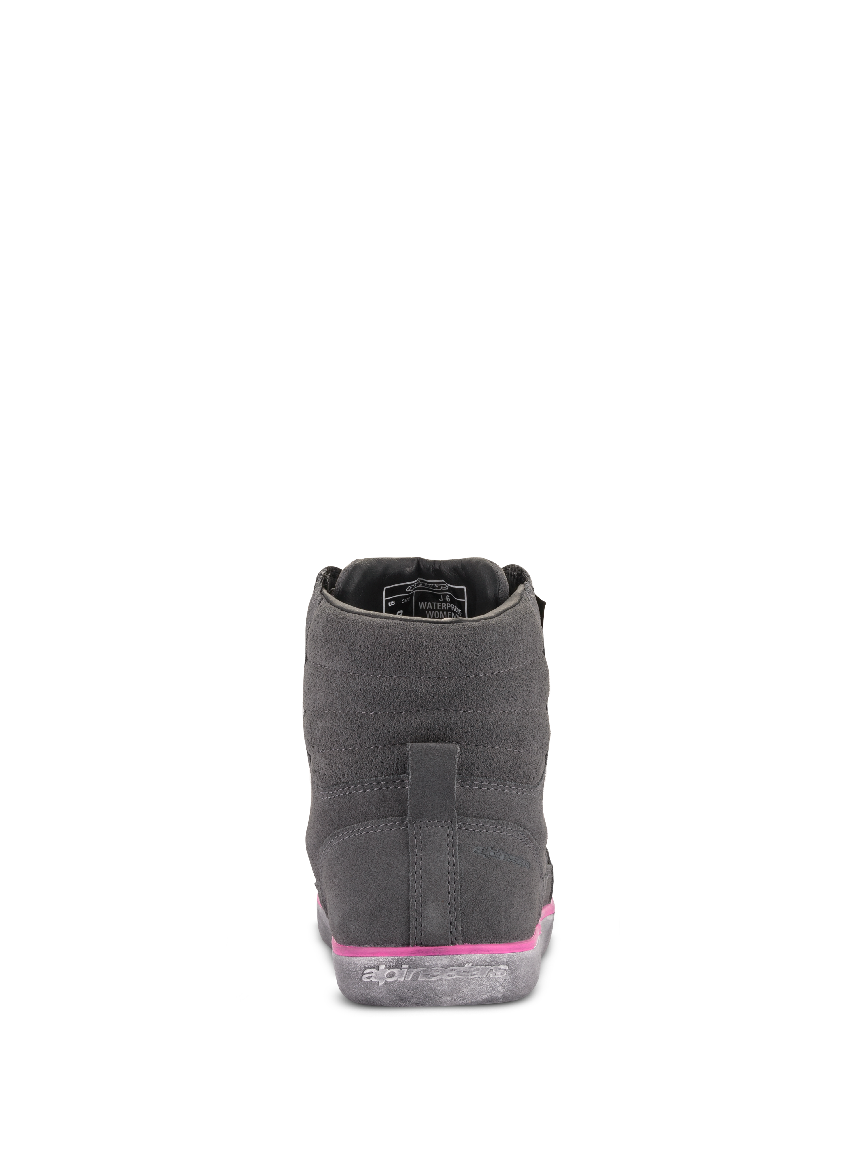 Alpinestars Women's J-6 Waterproof Riding Shoe, Gray and Fuchsia, rear view, suede upper with pink midsole detail and embossed logo on the rubber sole, urban motorcycle footwear