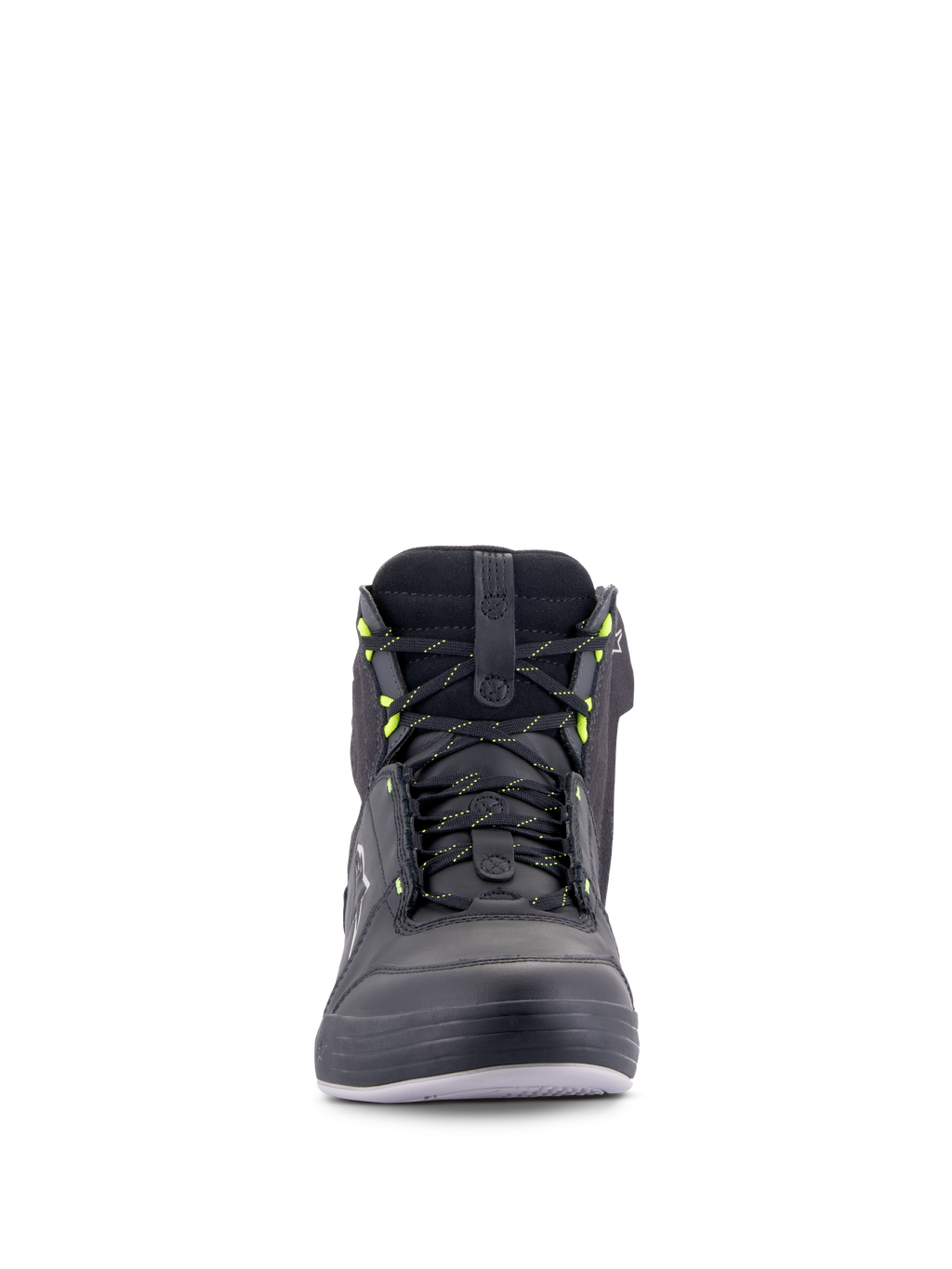 Alpinestars Chrome Drystar® Shoes, chaussures de moto urbaines, noir, gris foncé et jaune fluo, vue de face avec lacets aux touches jaunes, construction montante en cuir et daim, design streetwear décontracté et imperméable