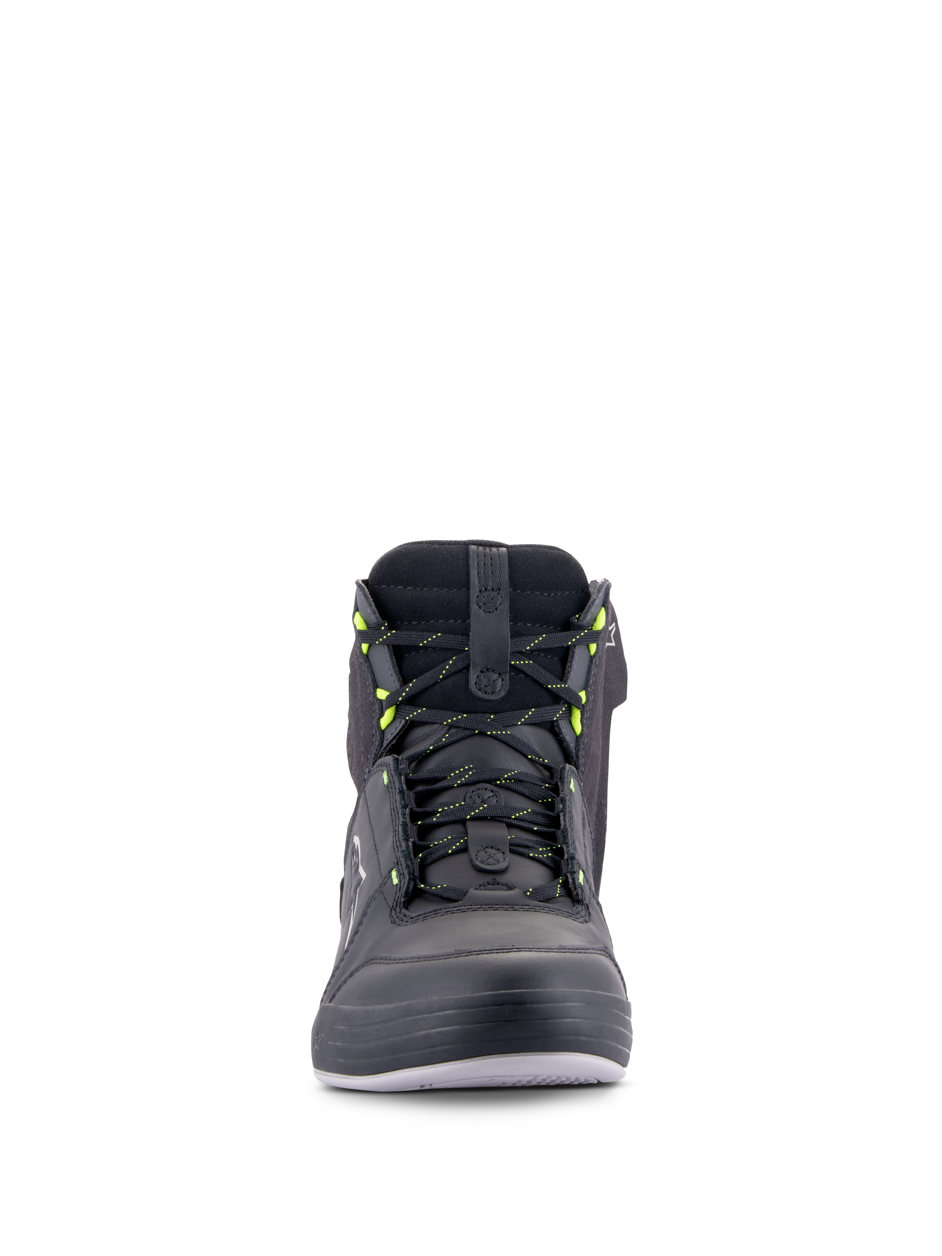 Alpinestars Chrome Drystar® Shoes, chaussures de moto urbaines, noir, gris foncé et jaune fluo, vue de face avec lacets aux touches jaunes, construction montante en cuir et daim, design streetwear décontracté et imperméable