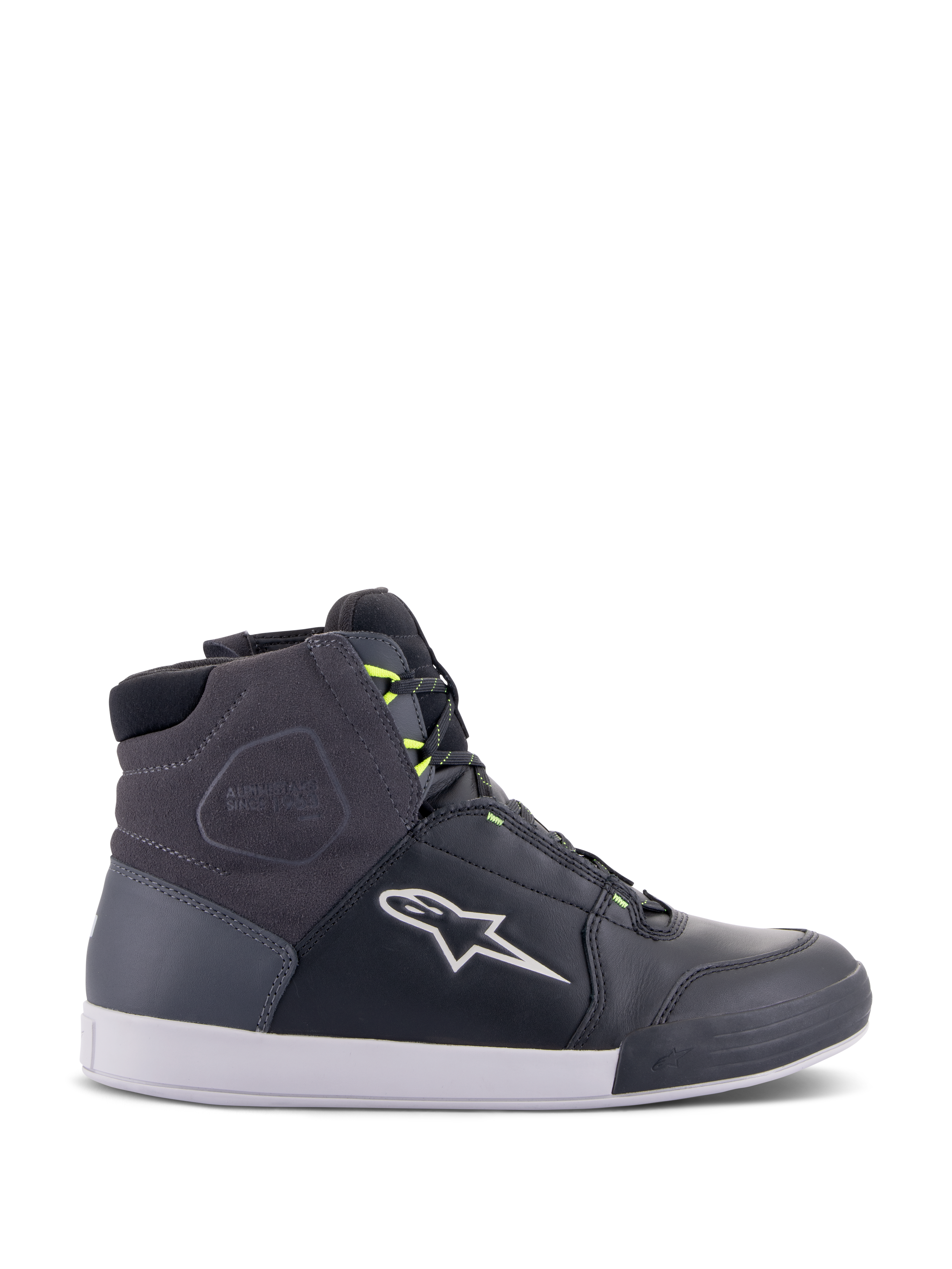 Alpinestars Chrome Drystar Shoes, urban motorcycle riding sneakers in Black, Dark Gray, and Yellow Fluo, featuring premium leather and suede panels, white sole, neon yellow laces, and signature star logo.