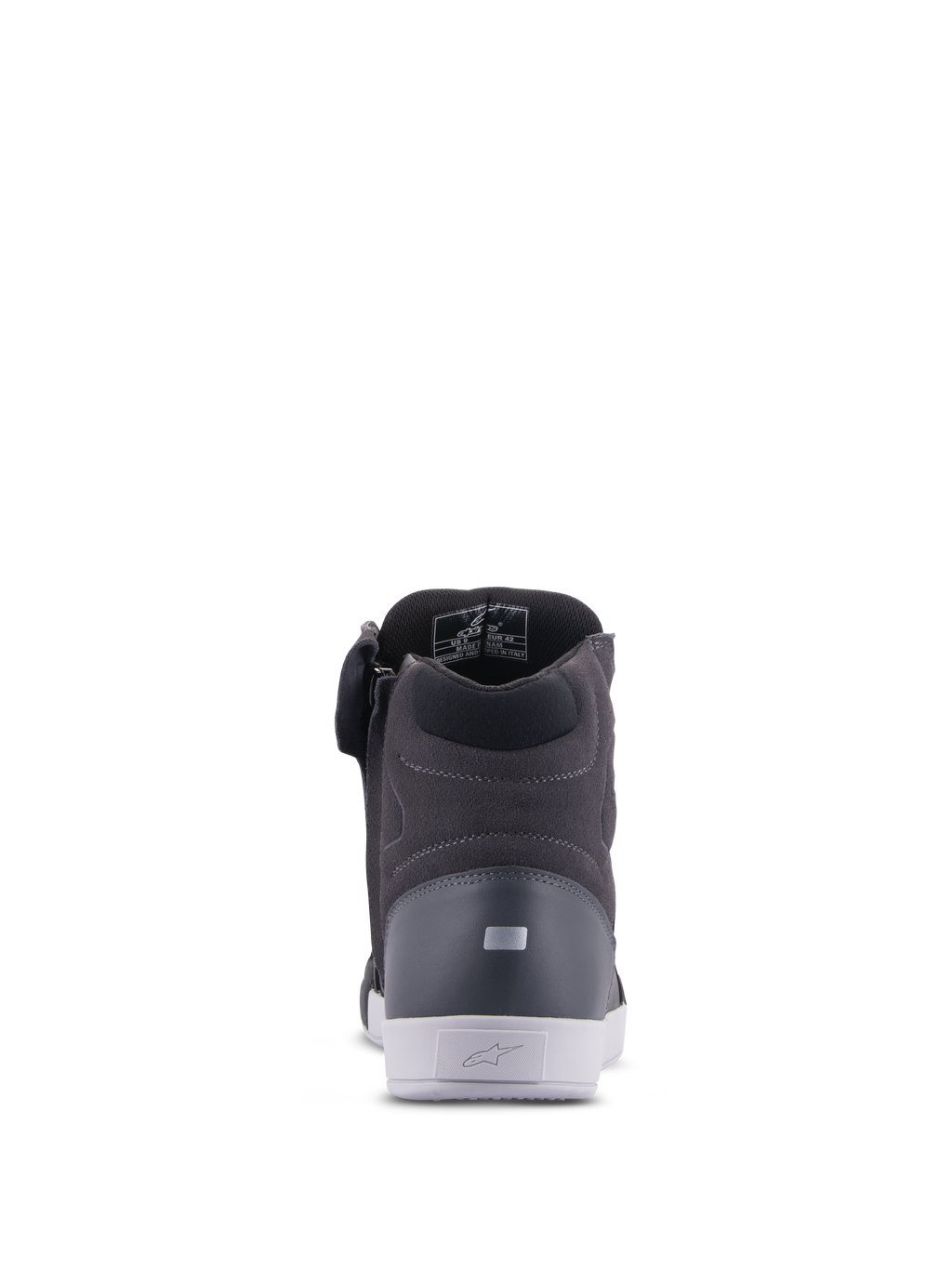 Chaussures Alpinestars Chrome Drystar®, chaussures de moto urbaines, noir et gris foncé avec semelle blanche, vue arrière avec col rembourré et détail réfléchissant au talon, design moderne et décontracté au style urbain.