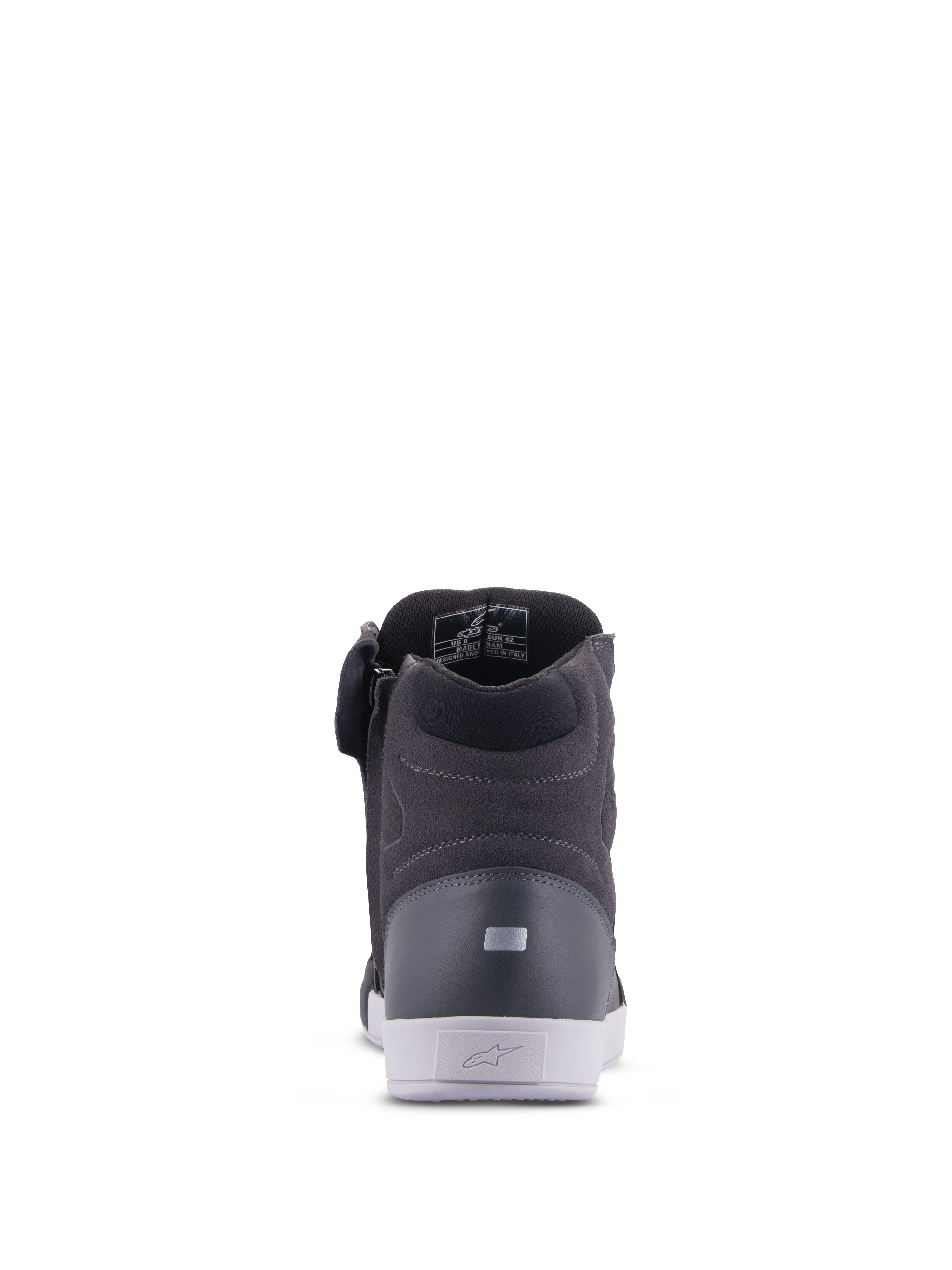 Chaussures Alpinestars Chrome Drystar®, chaussures de moto urbaines, noir et gris foncé avec semelle blanche, vue arrière avec col rembourré et détail réfléchissant au talon, design moderne et décontracté au style urbain.