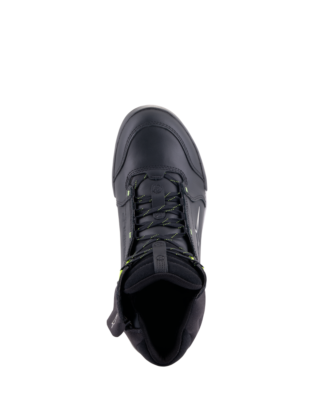 Chaussures Alpinestars Chrome Drystar®, chaussures de moto urbaines, noir et jaune fluo, vue de dessus montrant la construction en cuir de première qualité, les lacets aux accents jaunes et le col rembourré pour le confort