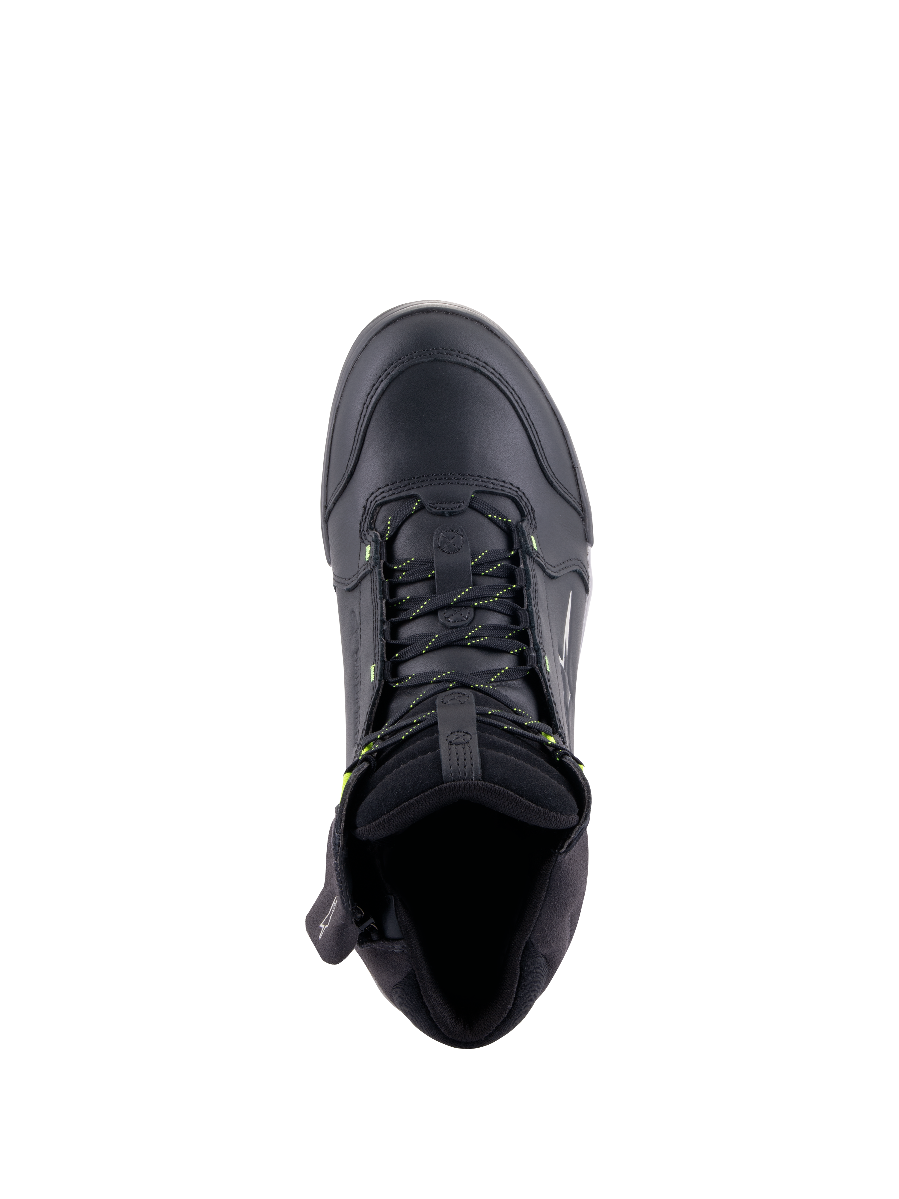 Chaussures Alpinestars Chrome Drystar®, chaussures de moto urbaines, noir et jaune fluo, vue de dessus montrant la construction en cuir de première qualité, les lacets aux accents jaunes et le col rembourré pour le confort