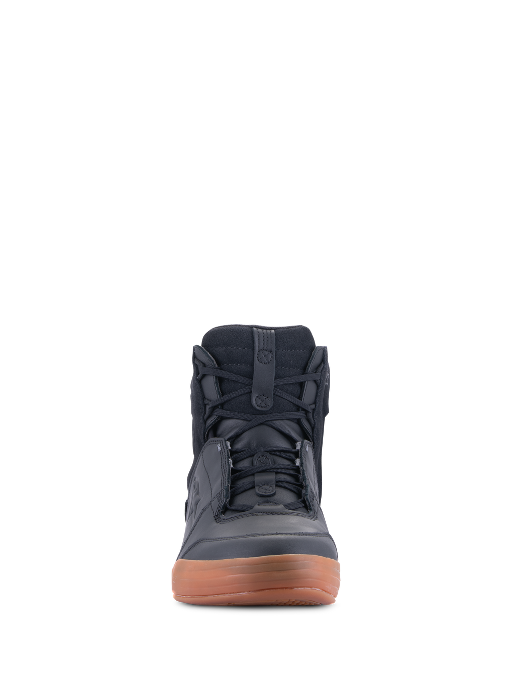 Chaussures Alpinestars Chrome Drystar®, Noir et Gomme, vue de face d'une chaussure de moto urbaine, basket montante de style décontracté avec lacets, construction en cuir et daim avec semelle en gomme marron
