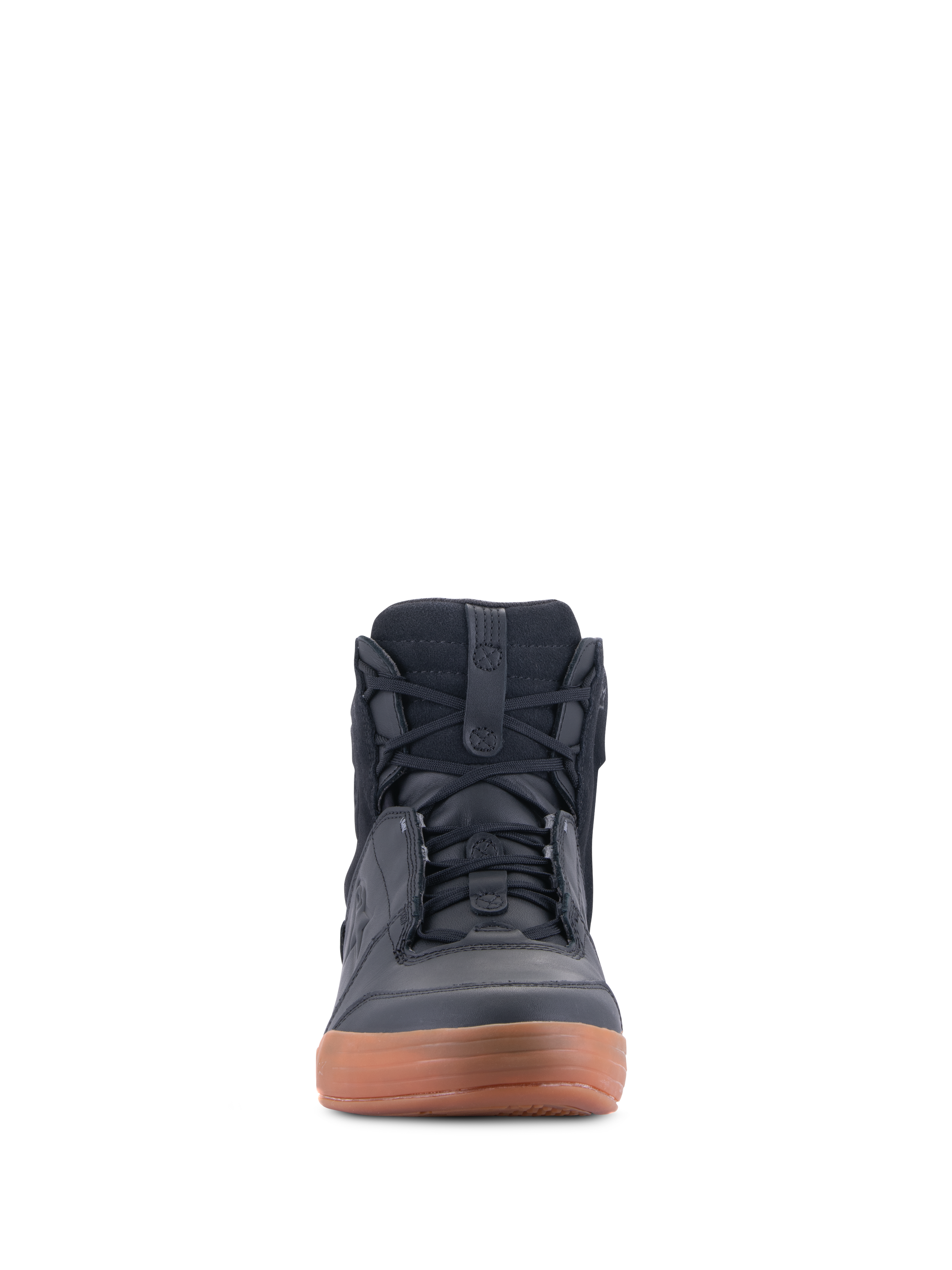 Chaussures Alpinestars Chrome Drystar®, Noir et Gomme, vue de face d'une chaussure de moto urbaine, basket montante de style décontracté avec lacets, construction en cuir et daim avec semelle en gomme marron