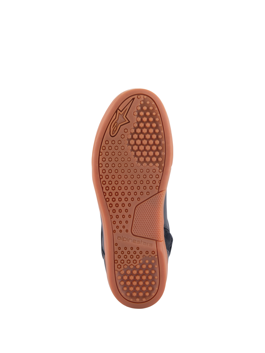 Chaussures Alpinestars Chrome Drystar®, vue de la semelle, semelle extérieure en caoutchouc couleur gomme avec motif d'adhérence hexagonal, chaussures de moto urbaines décontractées, coloris Noir Noir Gomme