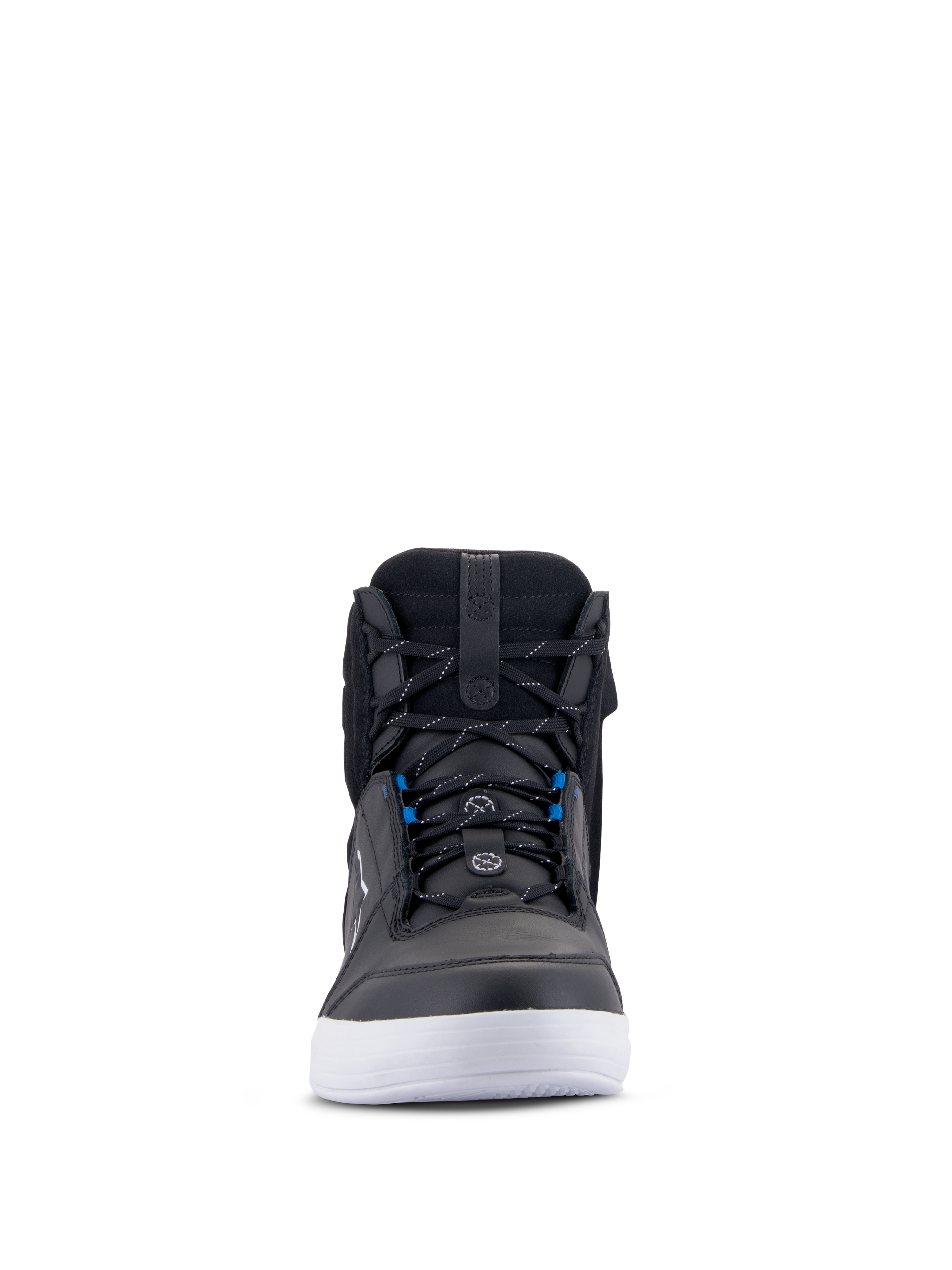 Alpinestars Chrome Drystar® Shoes, Urban Motorcycle Shoes, Black White and Blue, front view showing black leather upper, white sole, blue lace accents, casual high-top design for street riding