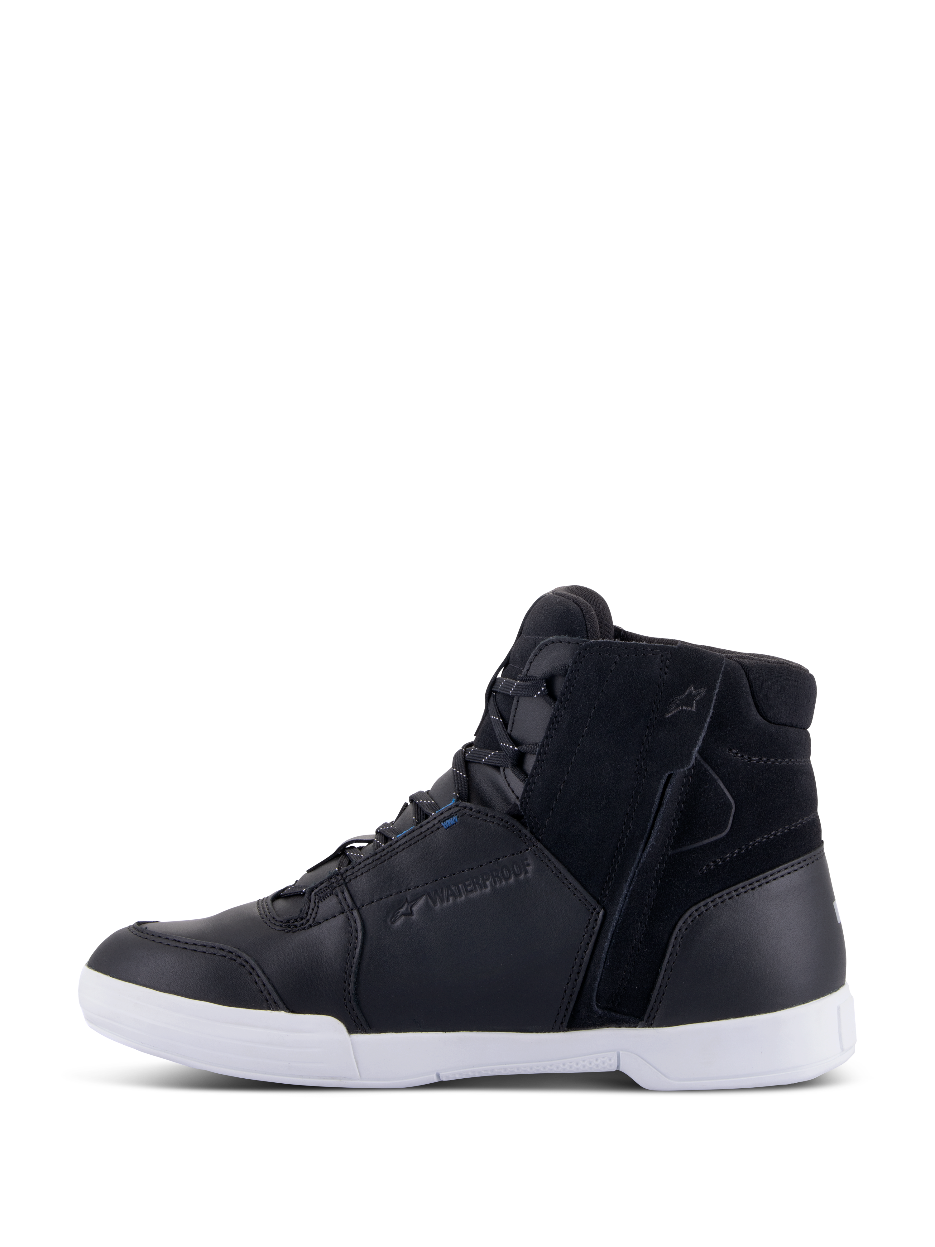 Alpinestars Chrome Drystar® Shoes, Urban Motorcycle Riding Shoes, Black and White with Blue accents, leather and suede upper, side zipper, white sole, waterproof branding, casual high-top sneaker style