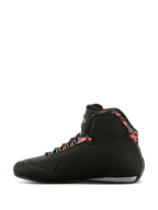 Chaussures Alpinestars Sektor Waterproof, chaussures de moto, noir, gris foncé et rouge fluo, vue de profil avec design montant, sangle velcro à la cheville, renfort de sélecteur et accents rouges à motifs autour du col