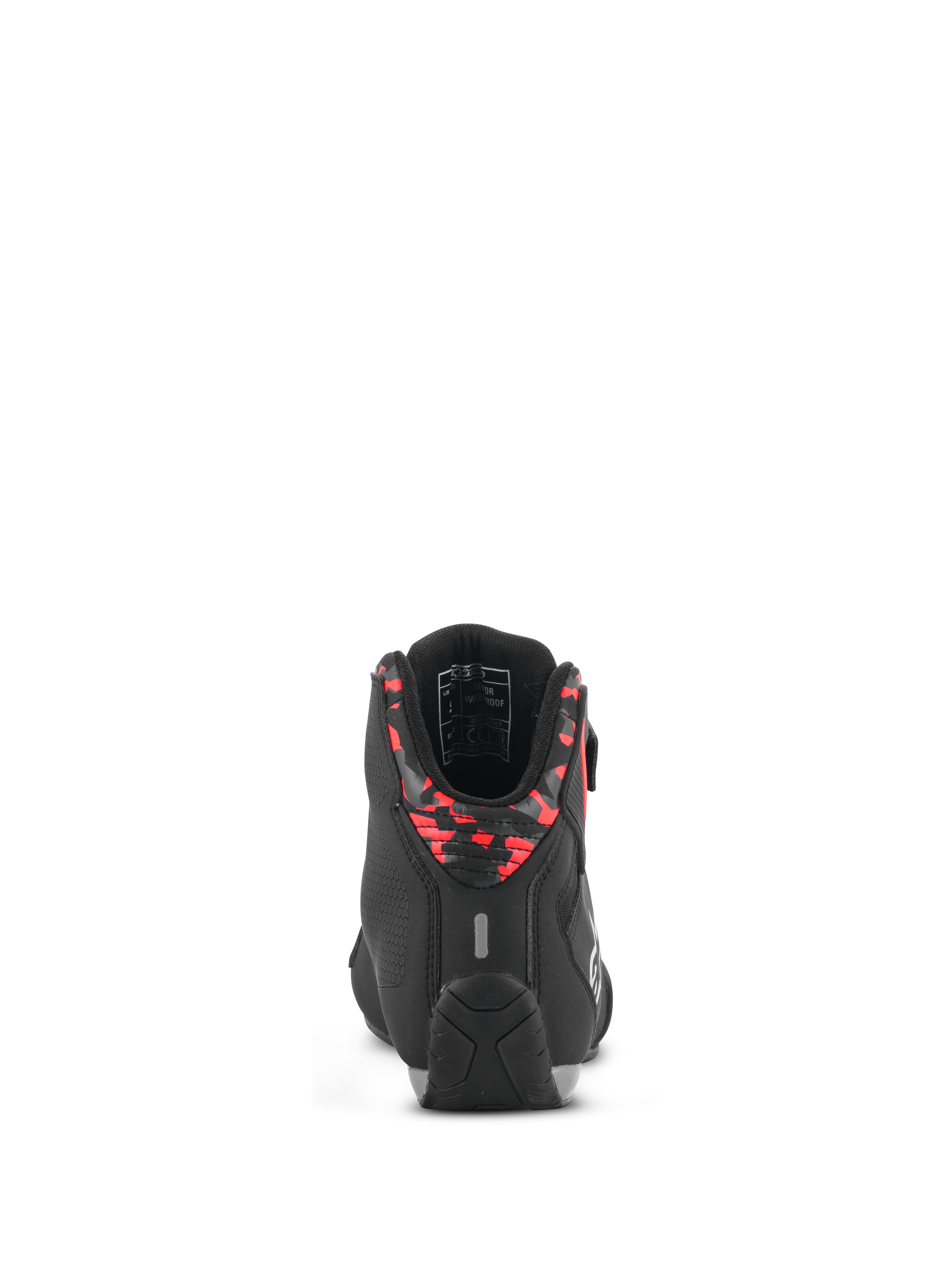 Chaussures imperméables Alpinestars Sektor, chaussures de moto, noir, gris foncé et rouge fluo, vue arrière montrant le col à motifs au talon, la bande réfléchissante et la semelle en caoutchouc durable, construction en microfibre légère