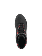 Alpinestars Sektor Waterproof Shoes, chaussures de moto, noir, gris foncé et rouge fluo, vue de dessus montrant des lacets noirs avec des accents rouge fluo, zone des orteils texturée pour le passage des vitesses et construction élégante en microfibre