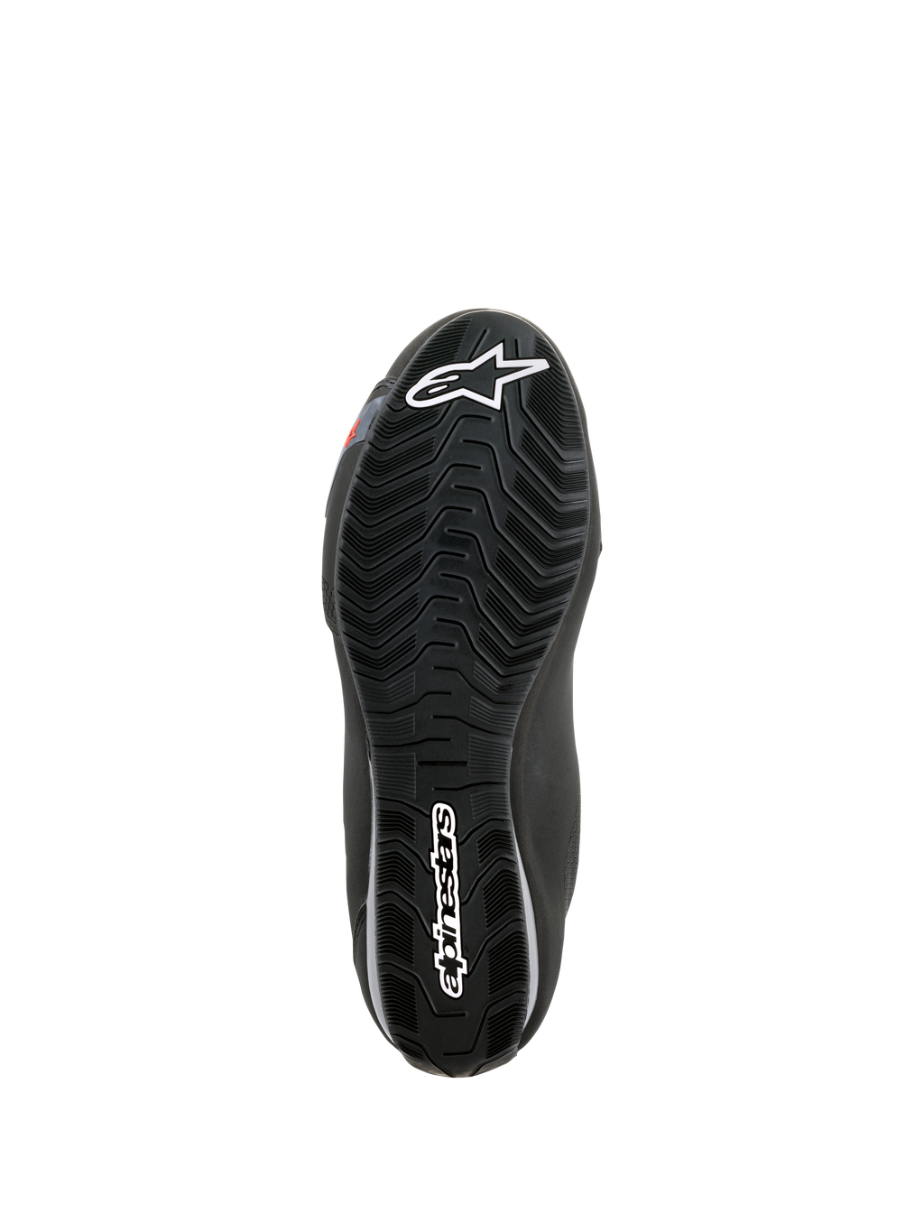 Chaussures imperméables Alpinestars Sektor, vue de la semelle extérieure, caoutchouc noir avec sculptures en vagues pour l'évacuation de l'eau, logo Astars blanc et marquage Alpinestars, conçue pour l'adhérence et le soutien des repose-pieds de moto