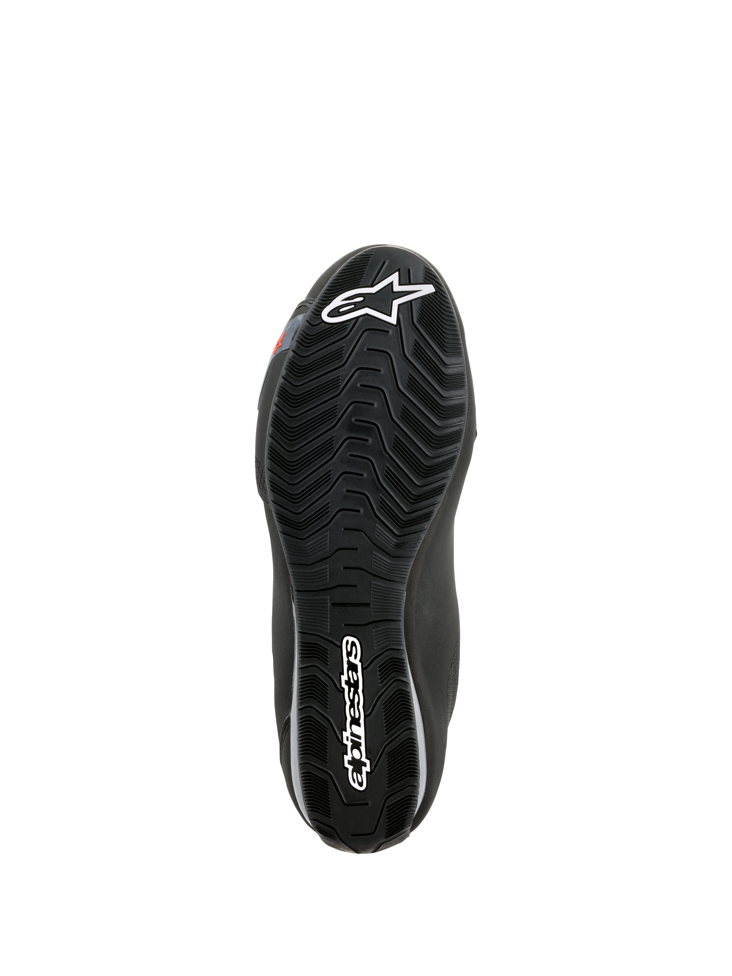 Chaussures imperméables Alpinestars Sektor, vue de la semelle extérieure, caoutchouc noir avec sculptures en vagues pour l'évacuation de l'eau, logo Astars blanc et marquage Alpinestars, conçue pour l'adhérence et le soutien des repose-pieds de moto
