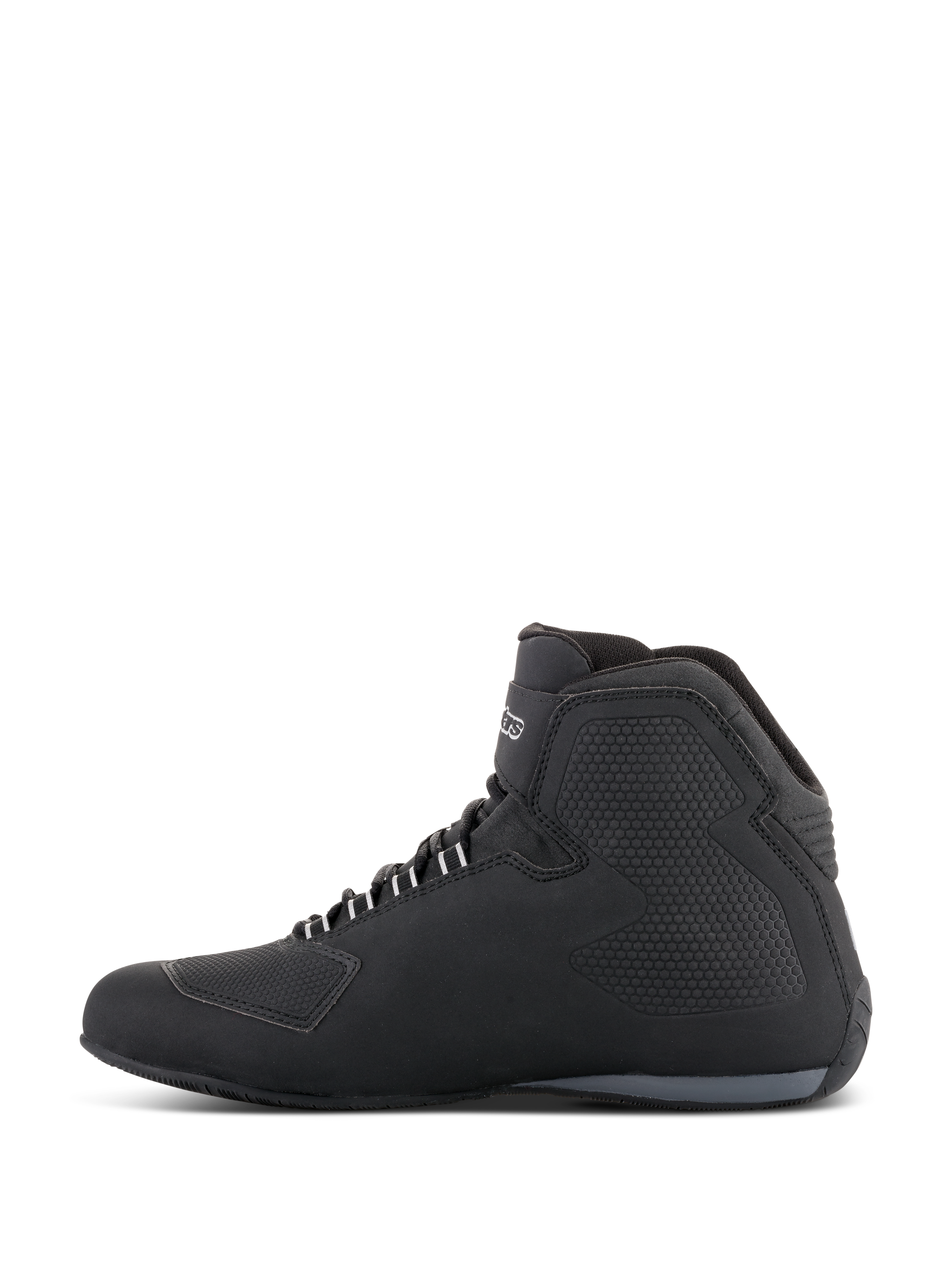 Chaussures Étanches Alpinestars Sektor, chaussures de moto, noir, vue de profil présentant un design montant avec tige en microfibre, panneaux latéraux texturés, œillets de lacets blancs et logo sur la cheville.