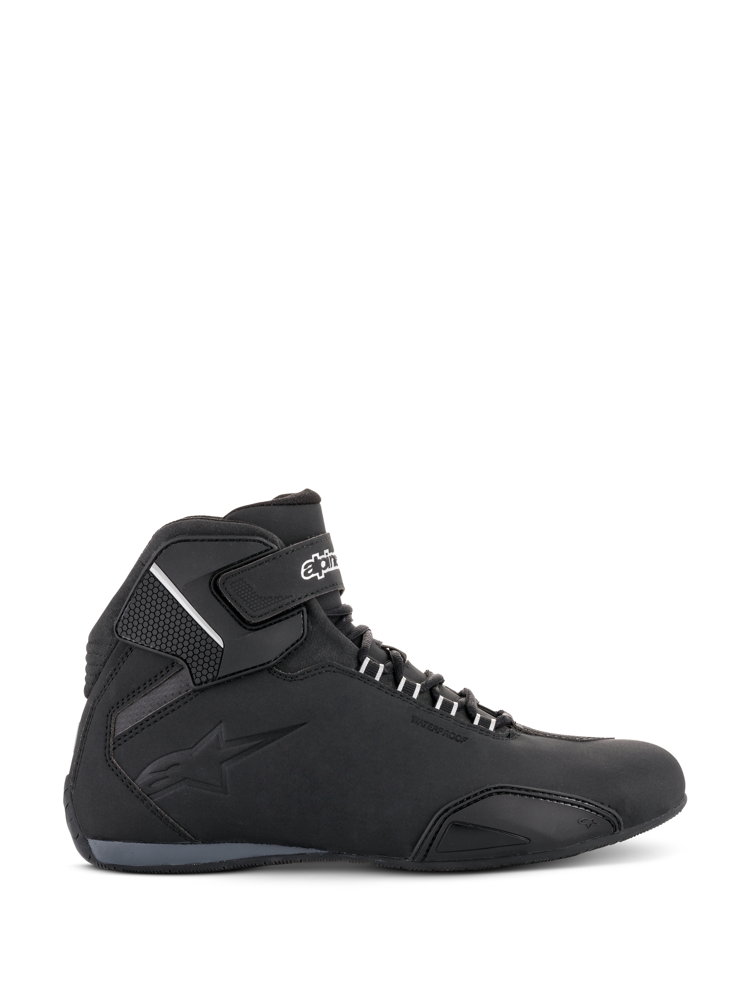Chaussures Alpinestars Sektor Waterproof, chaussures de moto, noir, vue de profil, châssis en microfibre épuré avec membrane imperméable, bout renforcé et sangle de cheville à scratch sécurisée
