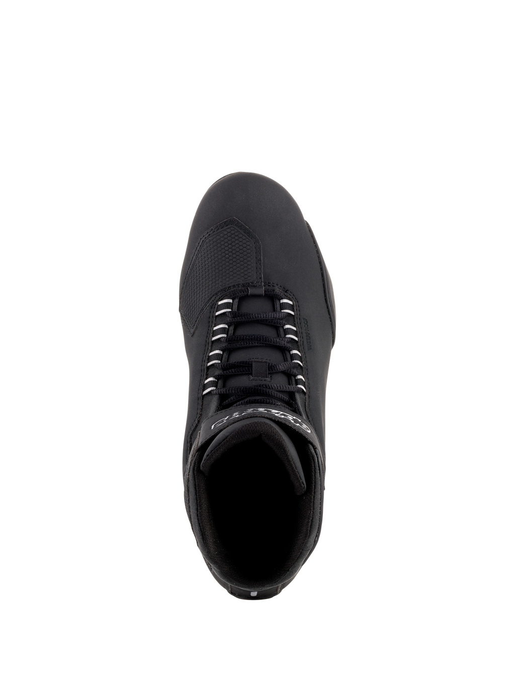 Chaussures Alpinestars Sektor Waterproof, chaussures de moto noires, vue de dessus montrant les lacets noirs et le bout renforcé, construction en microfibre profilée pour la performance sur route