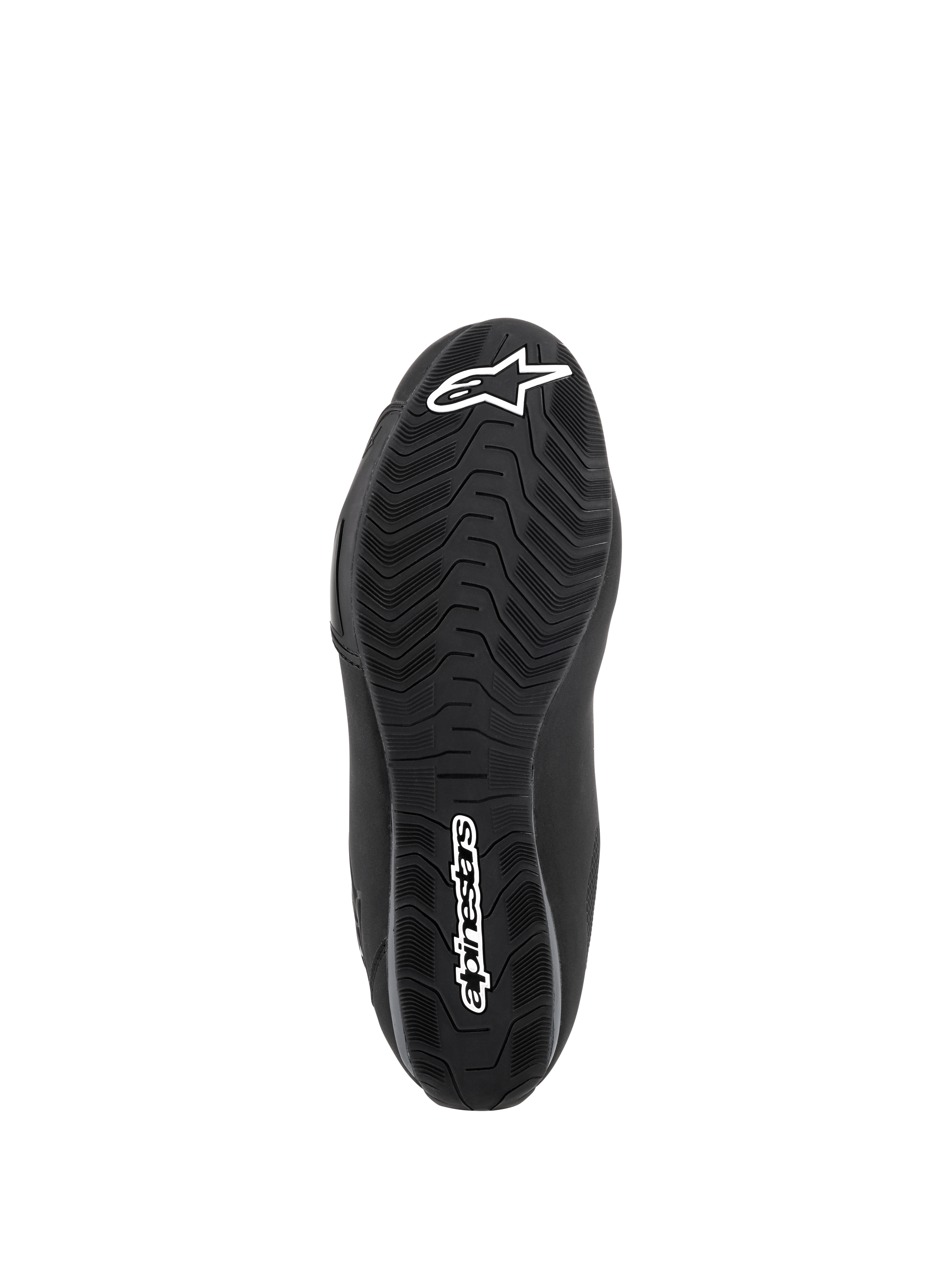 Chaussures étanches Alpinestars Sektor, Noir, vue de dessous de la semelle en composé de caoutchouc, présentant un motif de sculpture spécialisé pour l'évacuation de l'eau et l'adhérence, avec logo étoile blanc et lettrage Alpinestars.