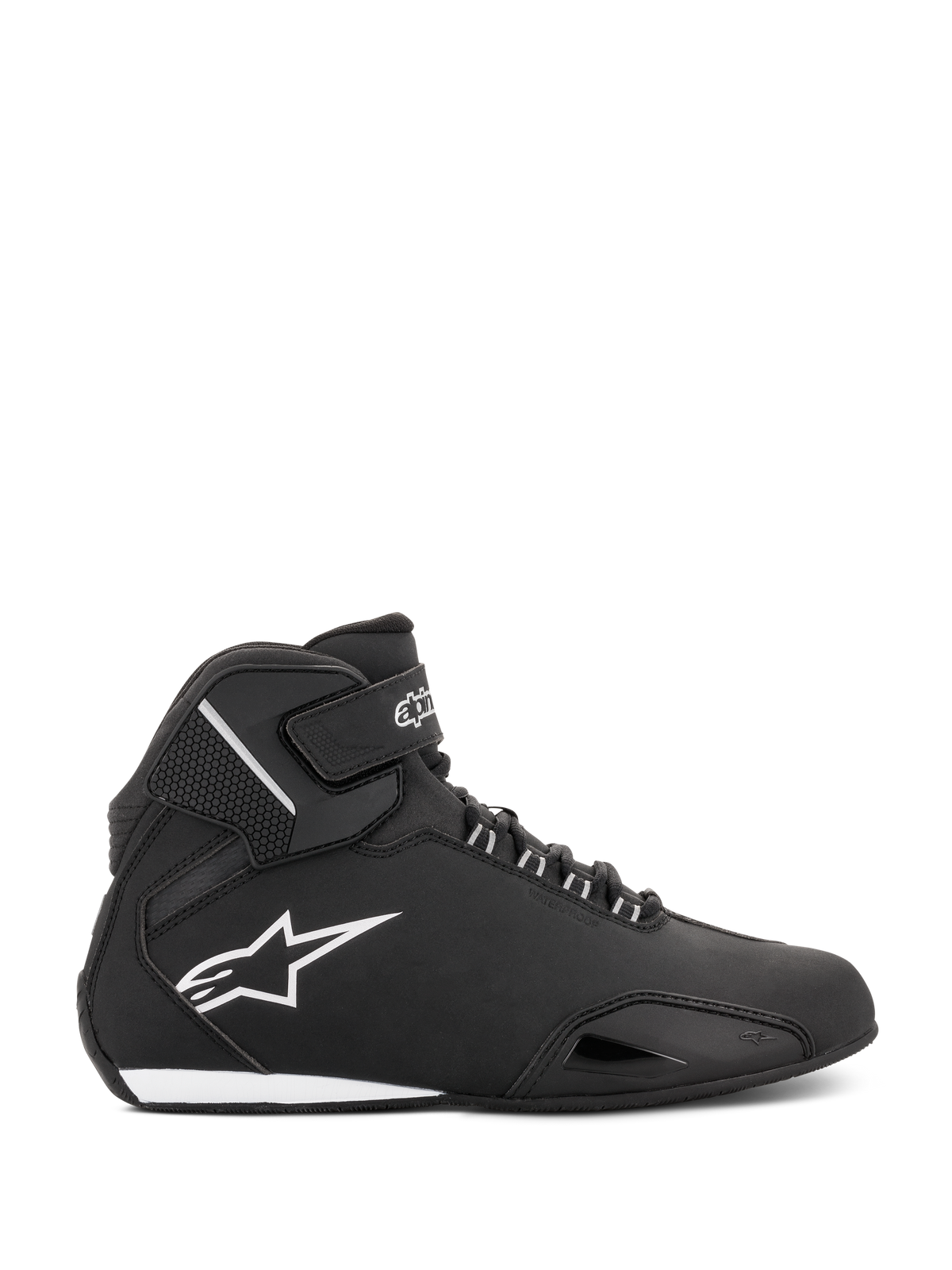 Chaussures étanches Alpinestars Stella Sektor pour femme, noir et argent, profil latéral d'une chaussure de moto montante dotée d'un châssis en microfibre légère, d'un logo Astars blanc et d'une fermeture sécurisée par lacets et sangle