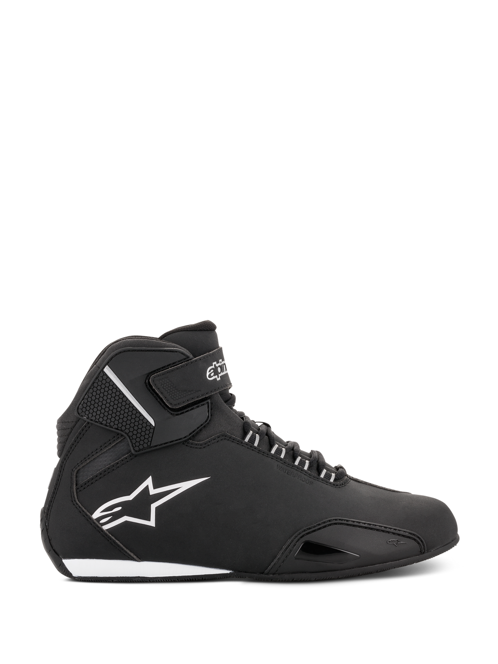 Alpinestars Women Stella Sektor Waterproof Shoes, Black and Silver, side profile of a high-top motorcycle riding shoe featuring a lightweight microfiber chassis, white Astars logo, and secure lace and strap closure