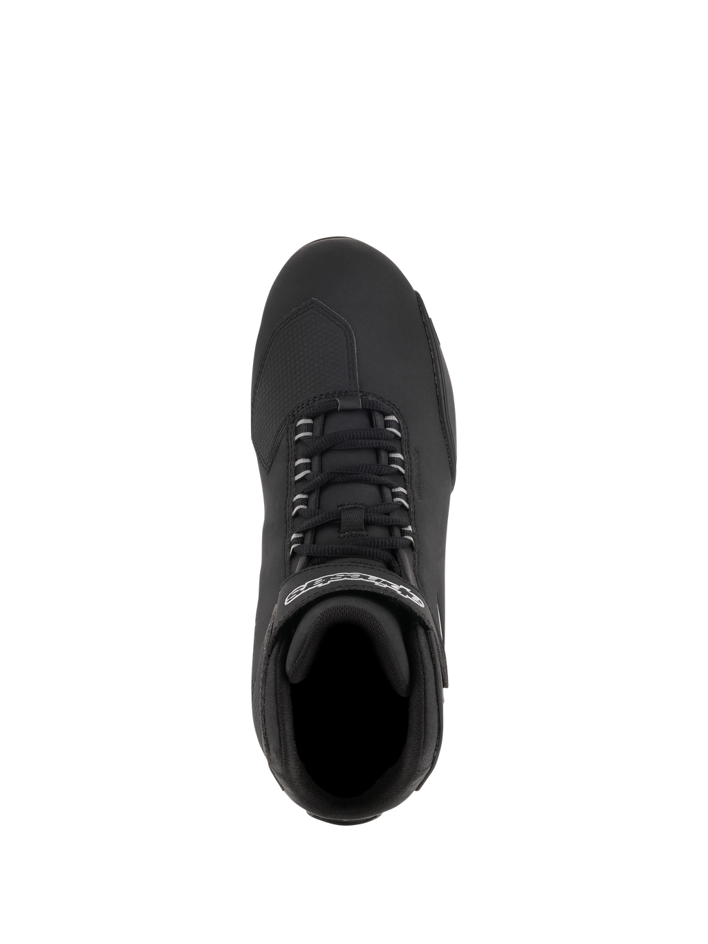 Alpinestars Stella Sektor Waterproof Shoes, Women's Motorcycle Riding Shoes, Black Silver, top-down view showing speed lace system and branded strap, microfiber upper with textured shift pad for road riding