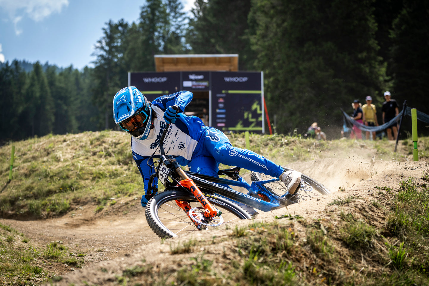 Mountainbike rider from USA Dakotah Norton on the track wearing Alpinestars clothing and helmet