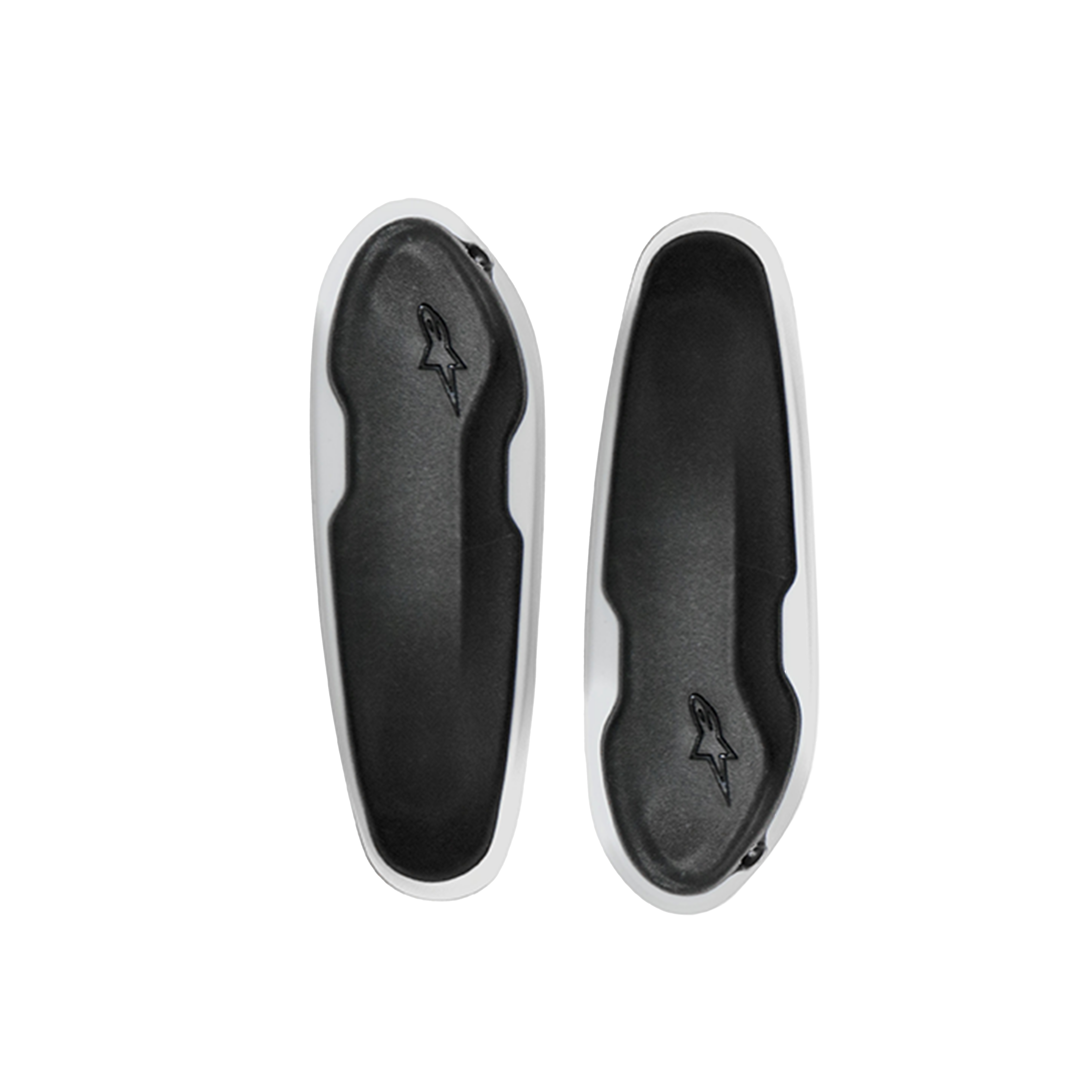 Alpinestars Toe Slider, sliders de rechange pour bottes de course moto, noir et blanc, protections ovales avec logo étoile embossé, pièces de rechange durables en métal pour bottes de racing