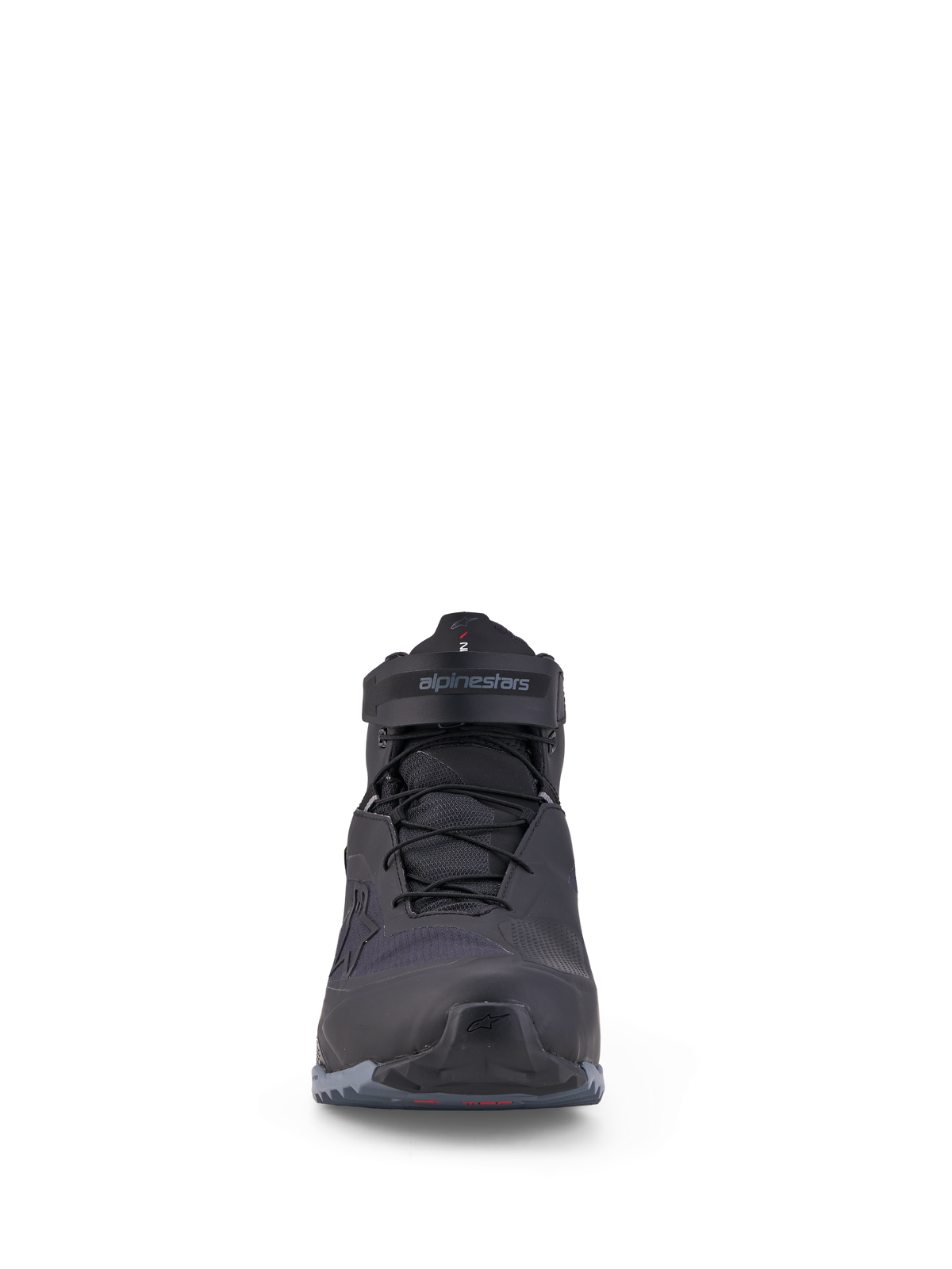 Alpinestars Cr-X Gore-Tex Shoes, Waterproof Motorcycle Riding Shoes, Black and Dark Gray, front view showing low-profile design and strap closure
