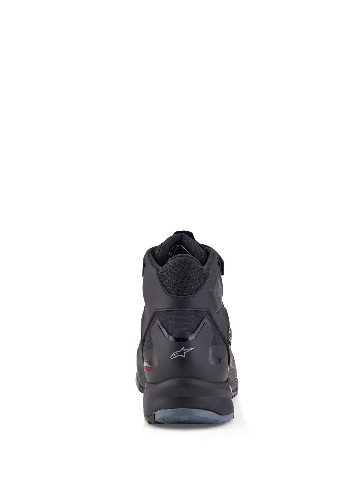 Alpinestars Cr X Gore Tex Chaussures, chaussures de moto imperméables, vue de dos en noir et gris foncé, membrane GORE-TEX et structure de protection au talon