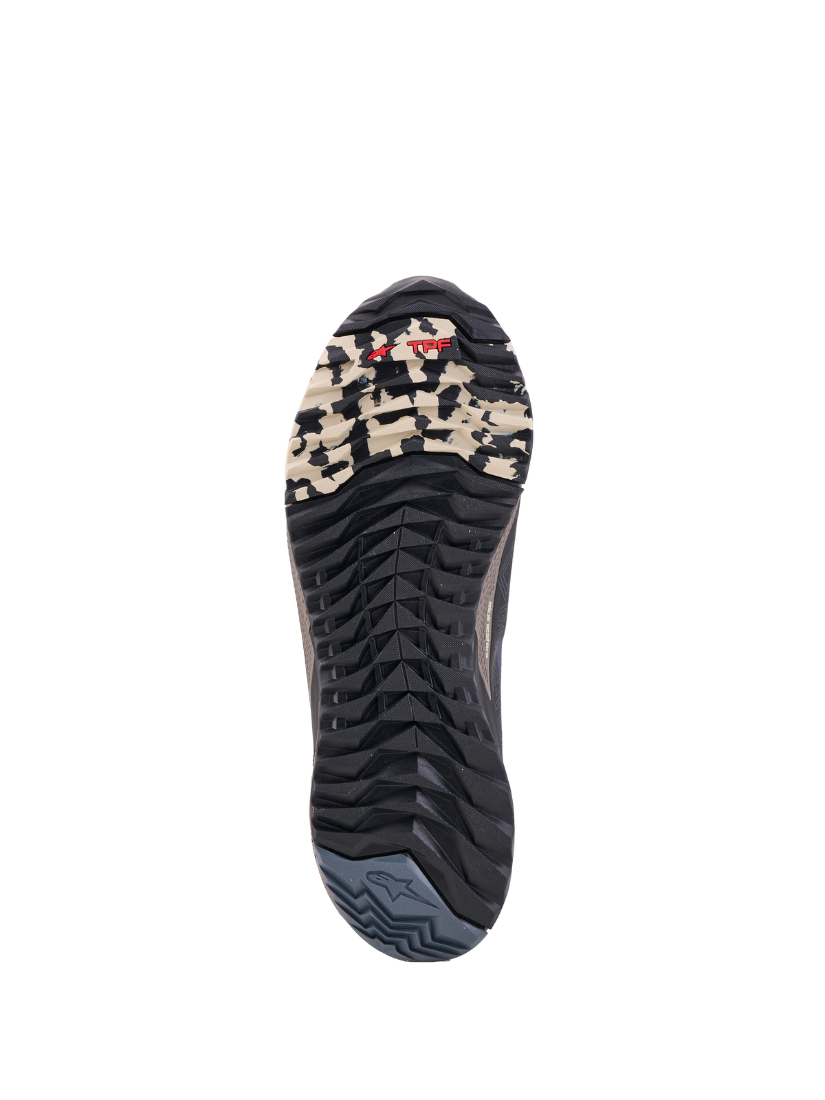 Alpinestars Cr X Gore Tex Chaussures, chaussures de moto basses, vue de la semelle montrant le profil cranté et la protection TPF, noir, gris foncé et beige, construction GORE-TEX imperméable