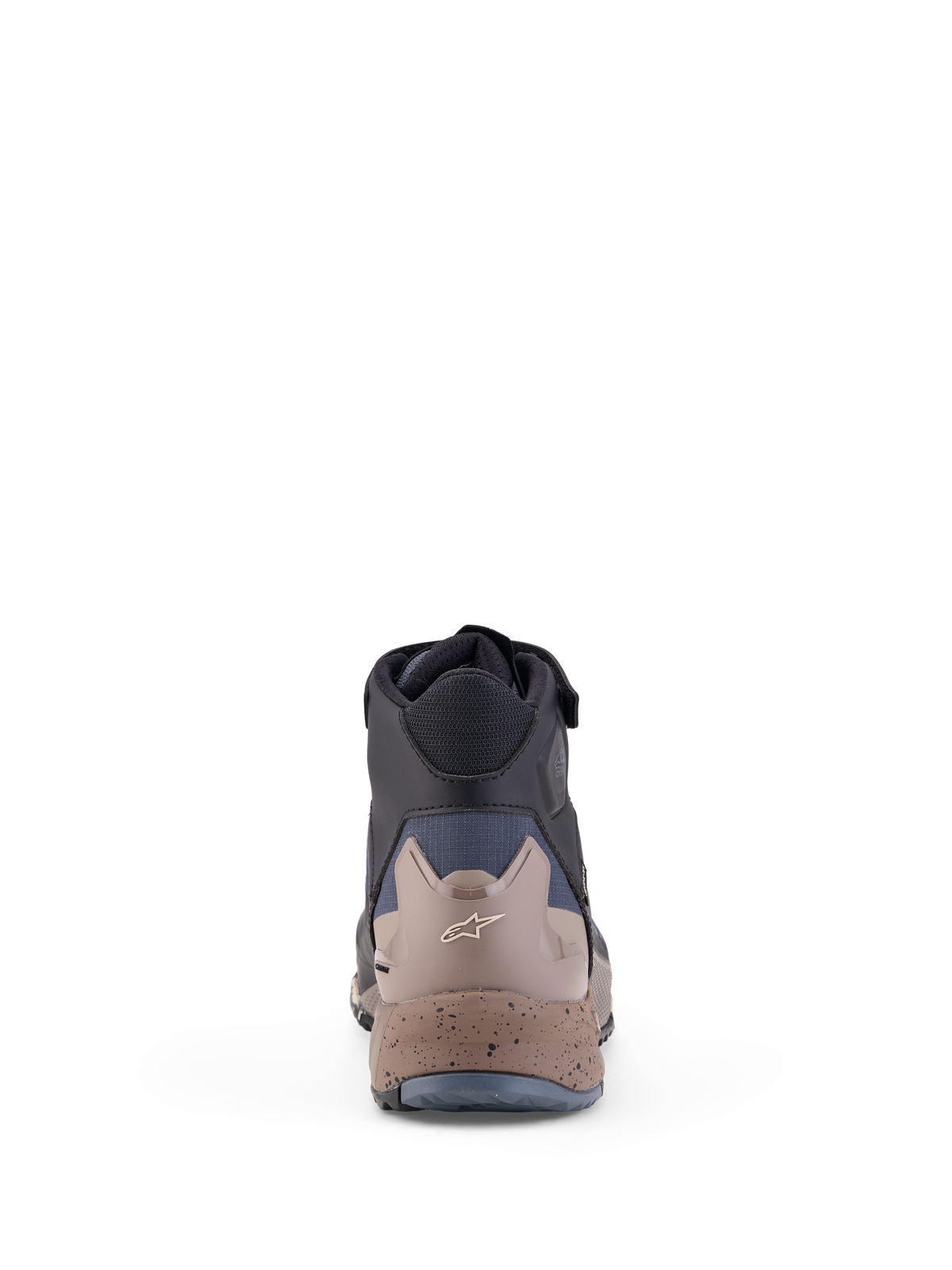 Alpinestars Cr X Gore Tex Chaussures, chaussures de moto tout-terrain basses, noir, gris foncé et beige, vue de dos montrant le renfort de talon de protection et la semelle intercalaire mouchetée