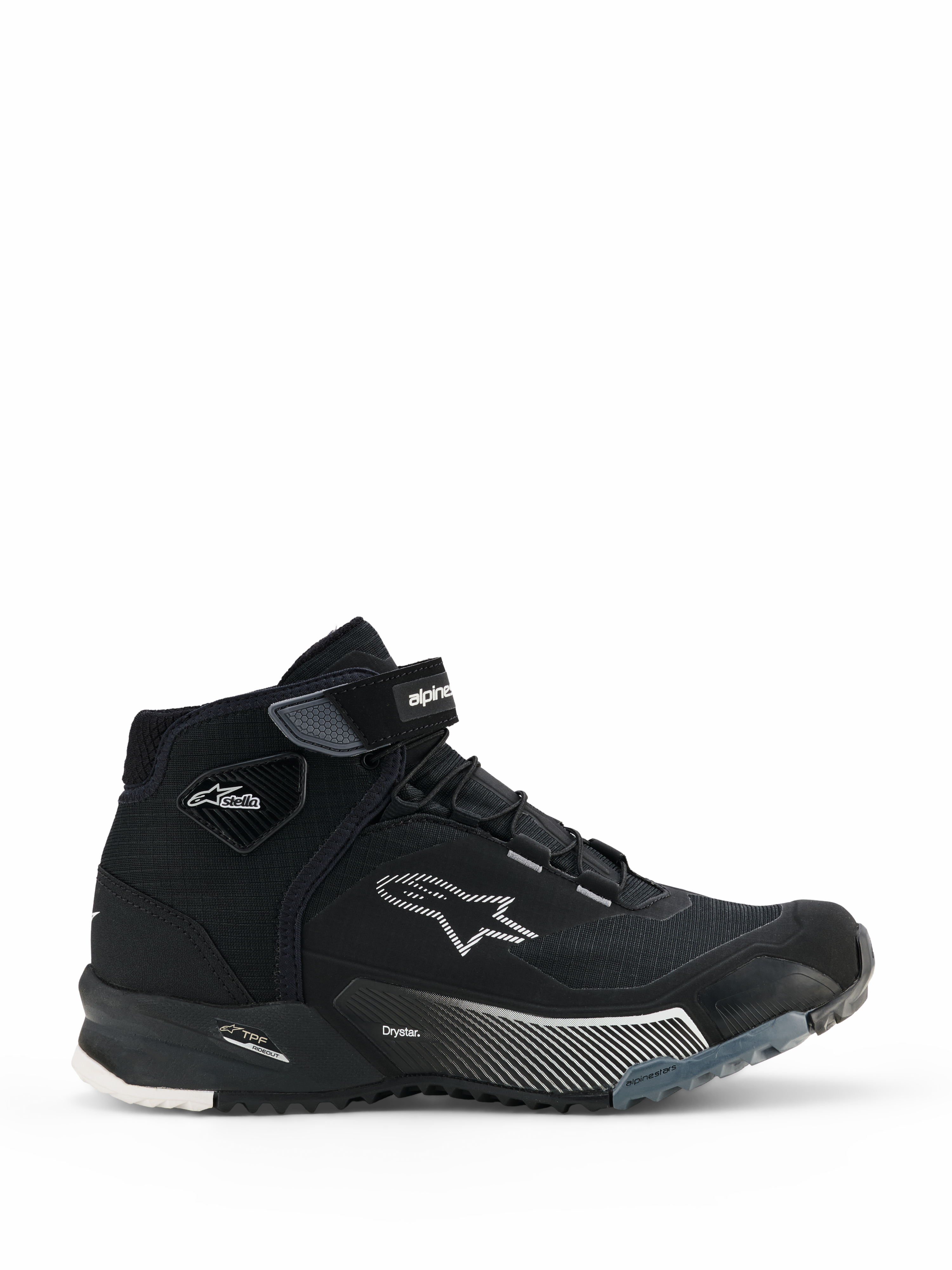Chaussures de moto Alpinestars CR-X Women's Drystar, baskets montantes noires, vue latérale de chaussures de conduite urbaine pour femme avec lacets et sangle velcro, logo étoile Alpinestars blanc, marquages « Drystar » et « TPF » sur la semelle intermédiaire, semelle en caoutchouc robuste avec motifs blancs et gris.
