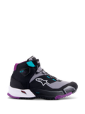 Chaussures de moto Alpinestars CR-X Drystar® Femme, Noir Gris Prune Sarcelle, chaussures montantes, logo Alpinestars blanc sur le côté, semelle extérieure et rembourrage du talon prune, accents bleu sarcelle sur la sangle de cheville et les passants, design sportif pour le touring et la ville