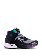 Chaussures de moto Alpinestars CR-X Drystar® Femme, Noir Gris Prune Sarcelle, chaussures montantes, logo Alpinestars blanc sur le côté, semelle extérieure et rembourrage du talon prune, accents bleu sarcelle sur la sangle de cheville et les passants, design sportif pour le touring et la ville