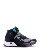 Chaussures de moto Alpinestars CR-X Drystar® Femme, Noir Gris Prune Sarcelle, chaussures montantes, logo Alpinestars blanc sur le côté, semelle extérieure et rembourrage du talon prune, accents bleu sarcelle sur la sangle de cheville et les passants, design sportif pour le touring et la ville