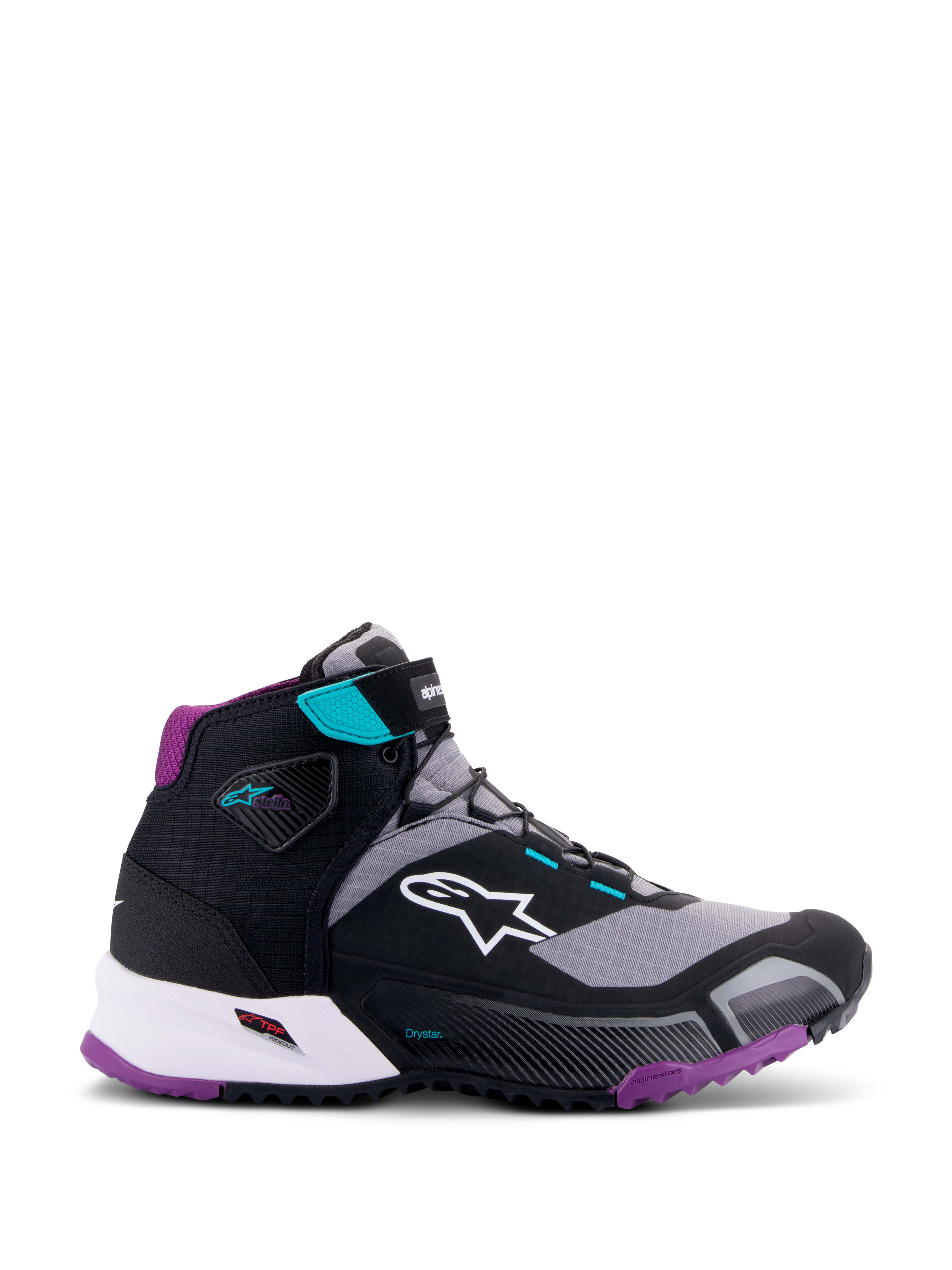 Chaussures de moto Alpinestars CR-X Drystar® Femme, Noir Gris Prune Sarcelle, chaussures montantes, logo Alpinestars blanc sur le côté, semelle extérieure et rembourrage du talon prune, accents bleu sarcelle sur la sangle de cheville et les passants, design sportif pour le touring et la ville
