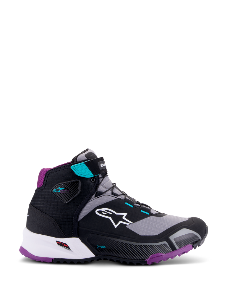 Chaussures de moto Alpinestars CR-X Drystar® Femme, Noir Gris Prune Sarcelle, chaussures montantes, logo Alpinestars blanc sur le côté, semelle extérieure et rembourrage du talon prune, accents bleu sarcelle sur la sangle de cheville et les passants, design sportif pour le touring et la ville