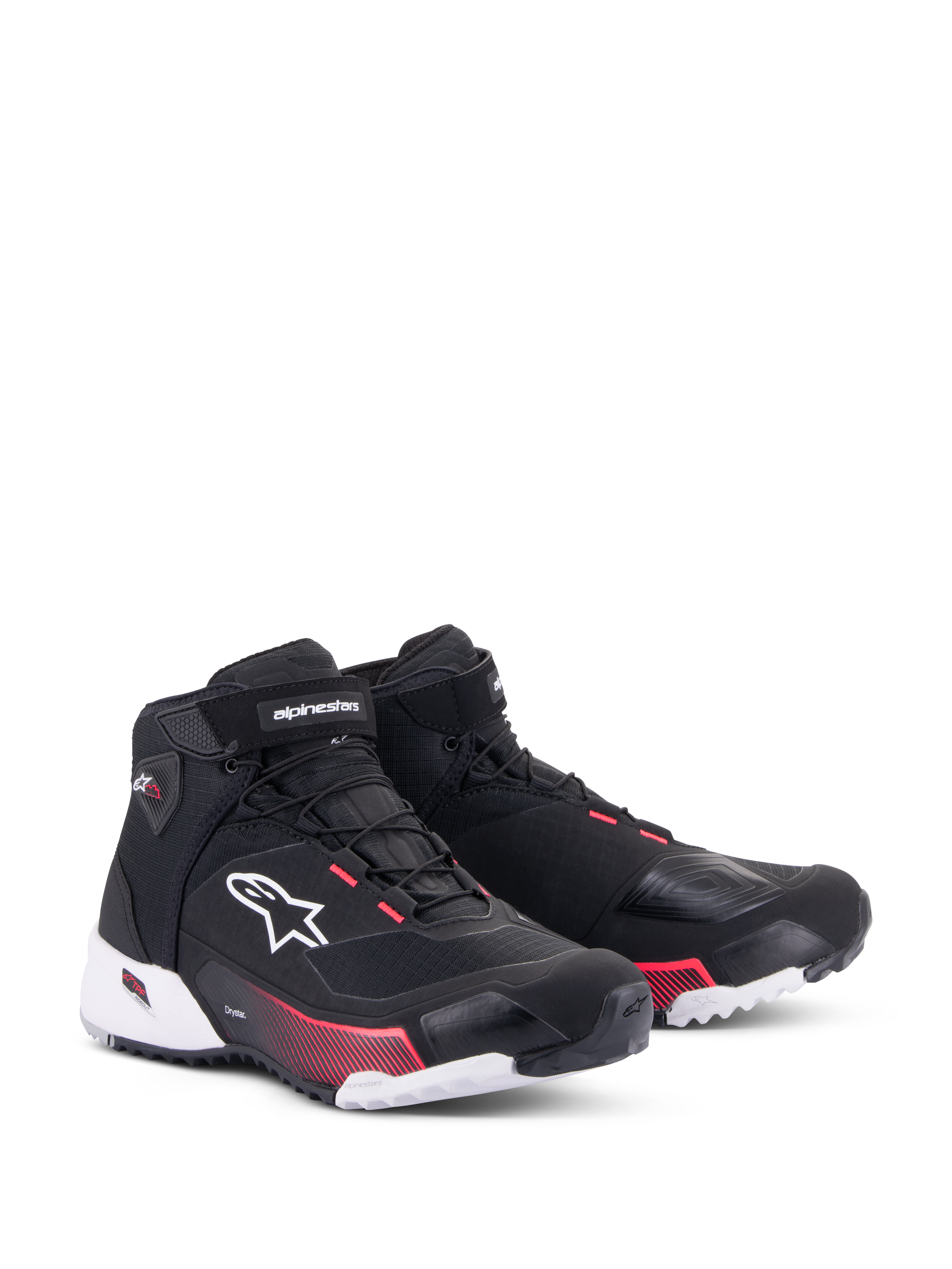 Alpinestars CR-X Women's Drystar® Riding Shoes, Motorcycle Riding Shoes, Black White and Diva Pink, front three-quarter view, ripstop upper with white Alpinestars logo, pink accents on the midsole and lace eyelets, sleek and protective design for touring