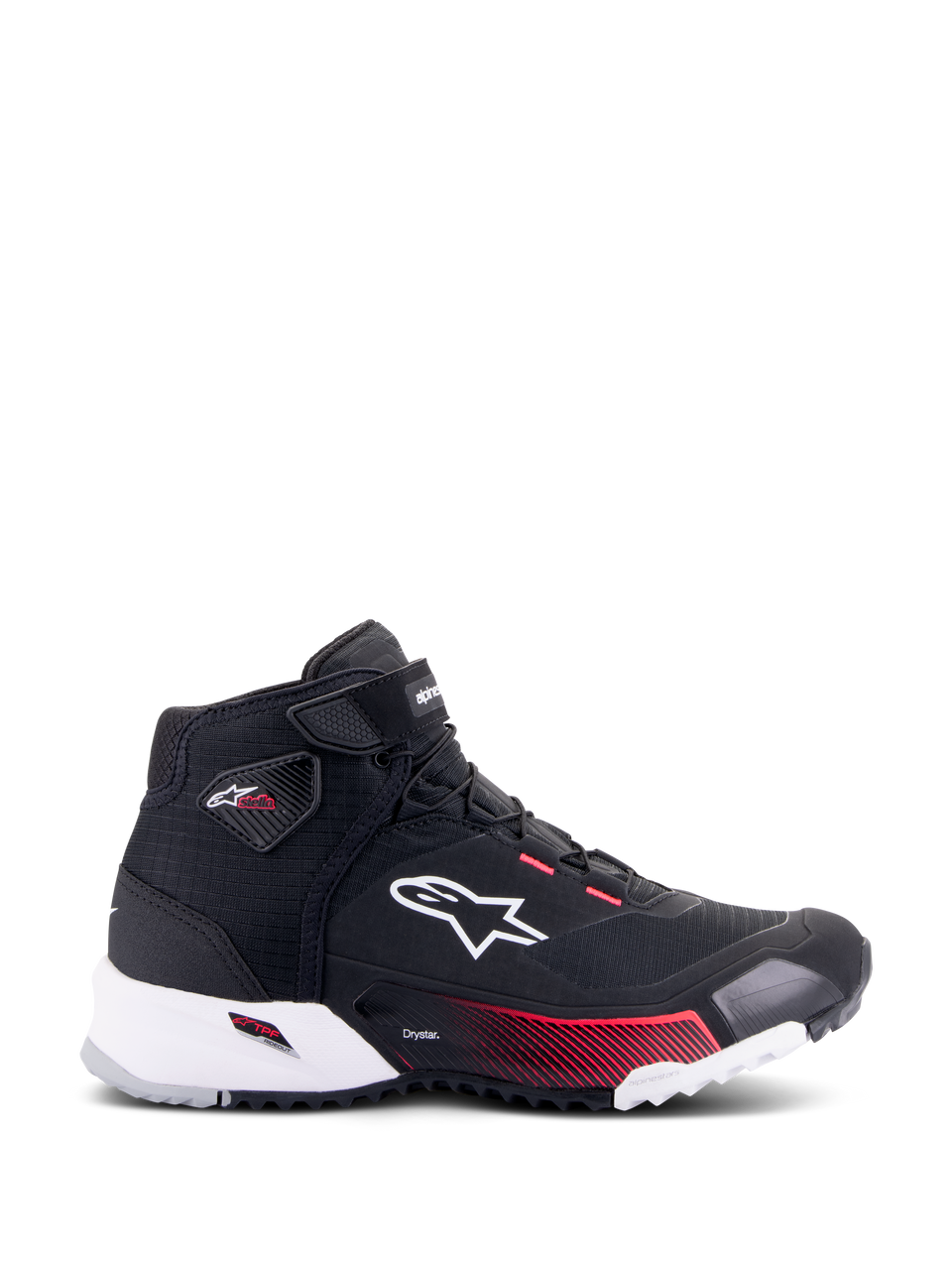 Chaussure de moto Alpinestars CR-X Drystar® pour femme, noir, blanc et rose Diva, vue de profil montrant le logo Alpinestars blanc, des accents en dégradé rose sur la semelle intermédiaire et le logo Stella sur la cheville, design imperméable élégant de style sneaker.