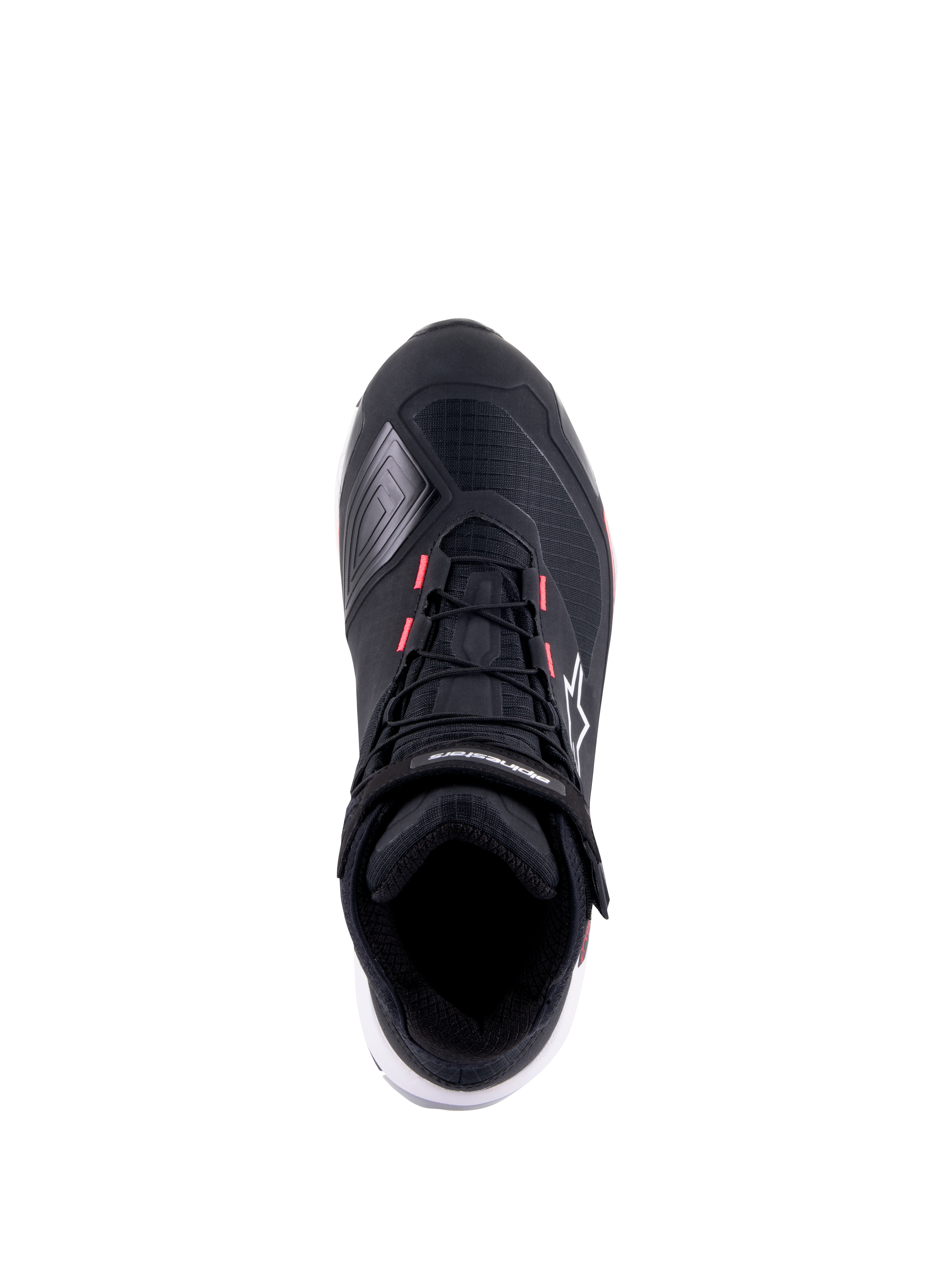 Alpinestars CR-X Women's Drystar Riding Shoe, Black White and Diva Pink, top-down view featuring technical ripstop upper, pink accents on the lace eyelets, and Alpinestars branding on the ankle strap and side.