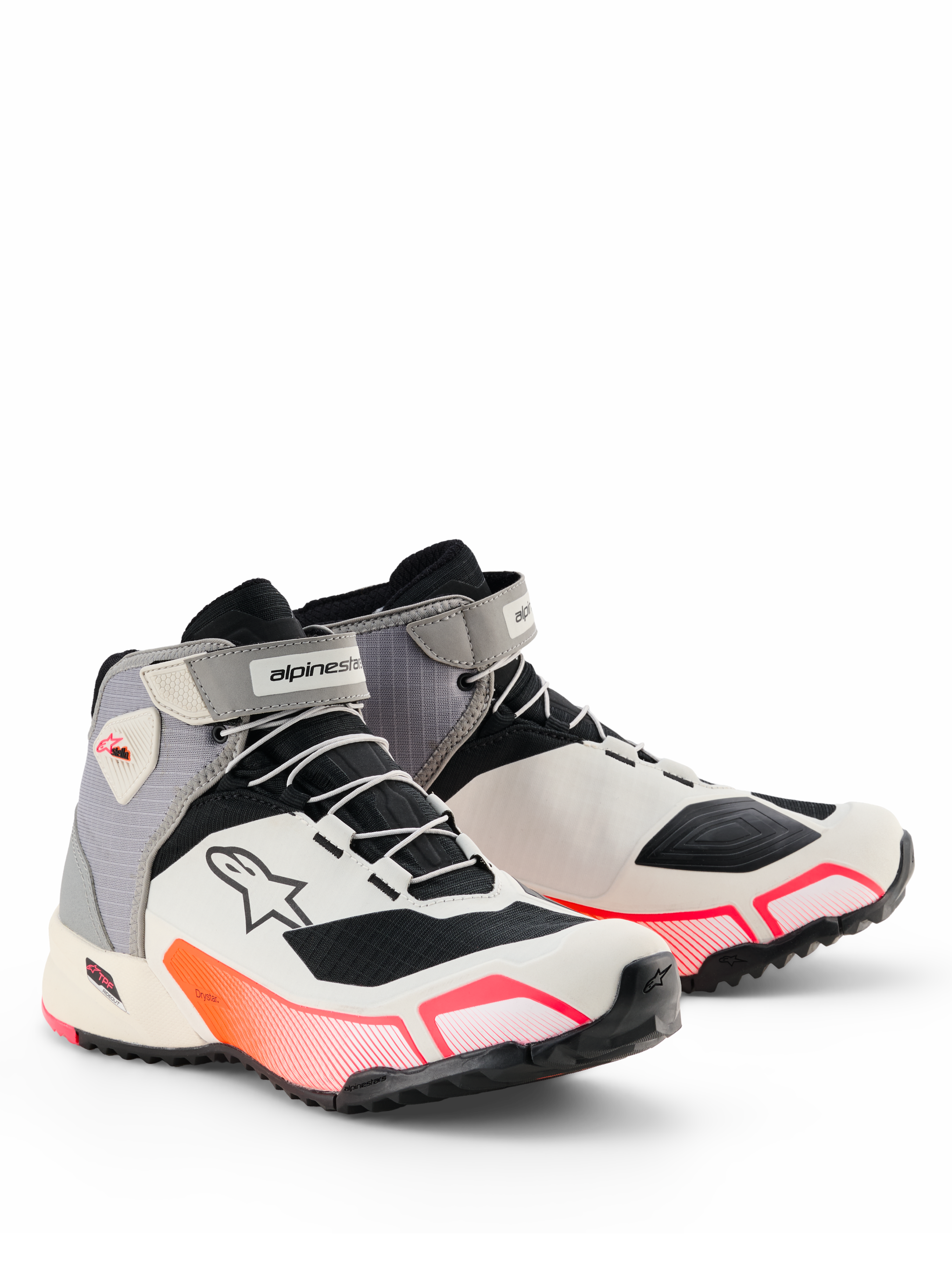 Chaussures de moto Alpinestars CR-X Drystar® pour femme, blanc, gris moyen, noir et rose Diva, silhouette athlétique épurée avec accents en dégradé rose éclatant, sangles velcro à la cheville et logo Astar sur le côté, chaussures de protection imperméables pour la route