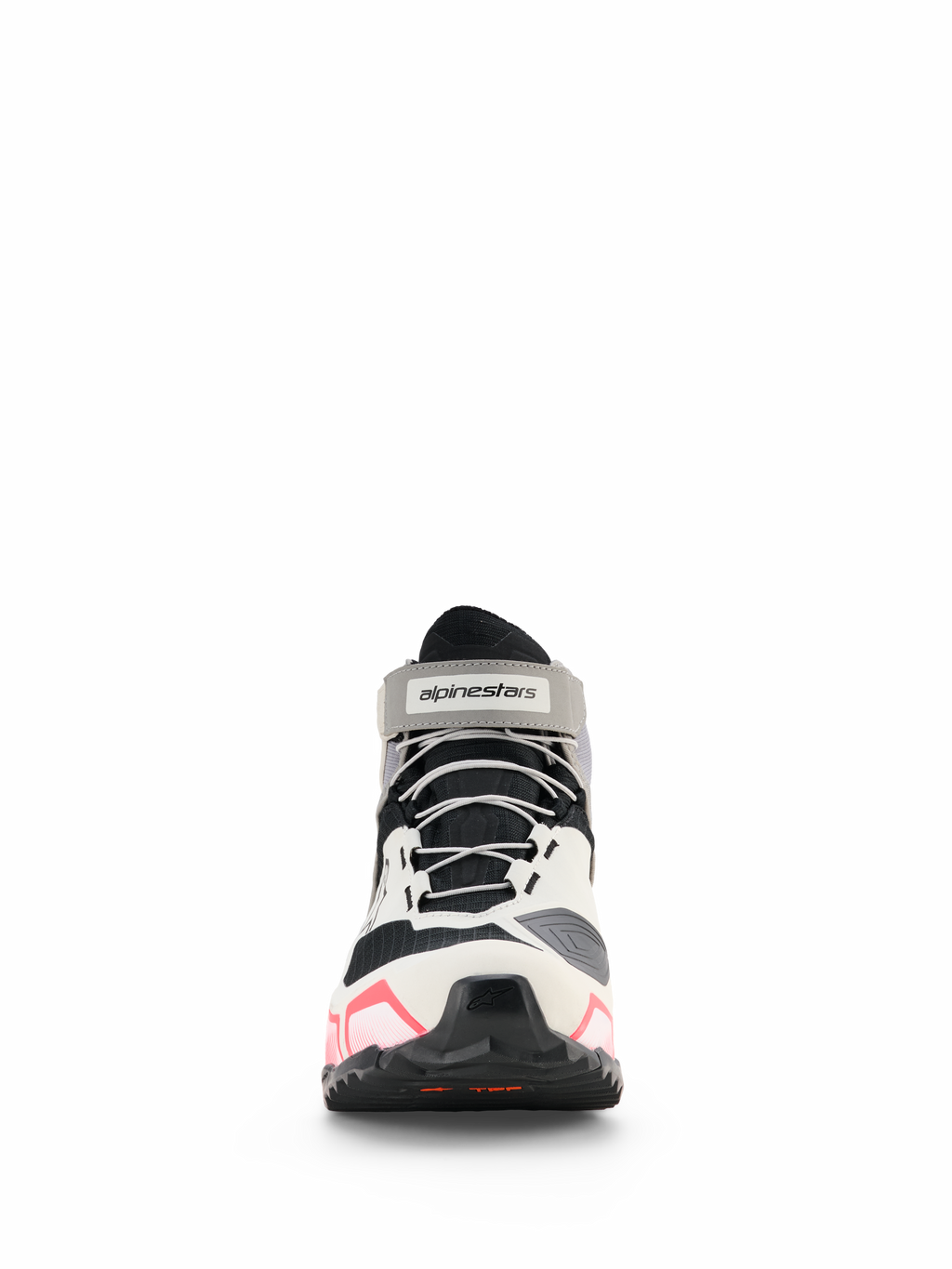 Chaussures de moto pour femme Alpinestars CR-X Drystar®, chaussures de moto pour femme, blanc, gris moyen, noir et rose Diva, vue de face avec lacets gris et sangle de cheville avec logo, design de style athlétique avec accents roses sur la semelle, chaussures de moto imperméables