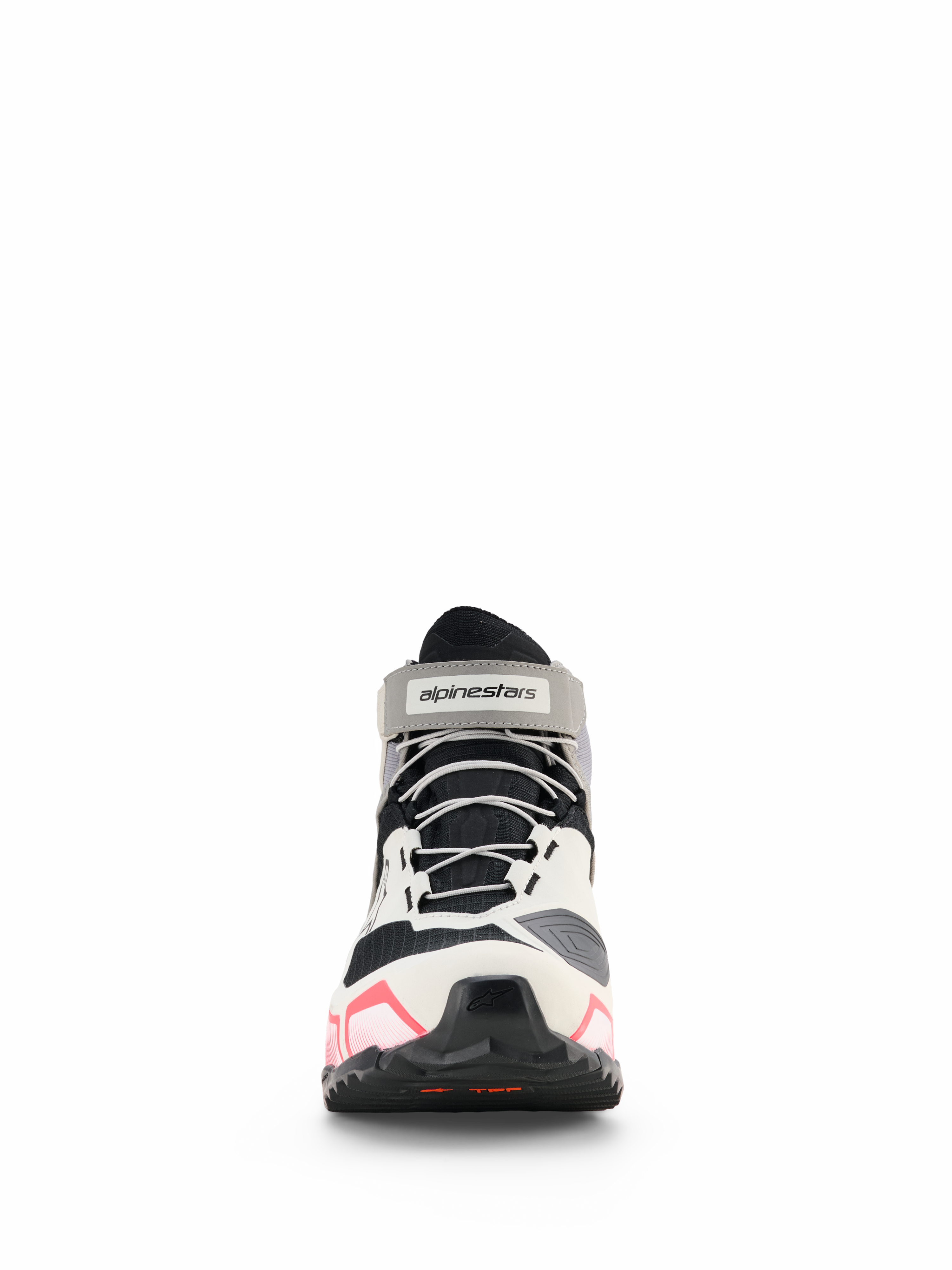 Chaussures de moto pour femme Alpinestars CR-X Drystar®, chaussures de moto pour femme, blanc, gris moyen, noir et rose Diva, vue de face avec lacets gris et sangle de cheville avec logo, design de style athlétique avec accents roses sur la semelle, chaussures de moto imperméables
