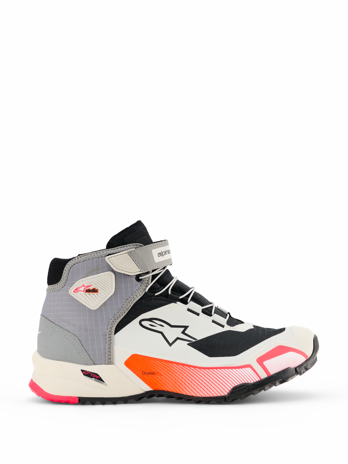 Chaussures de moto Alpinestars CR-X Women's Drystar, baskets de moto montantes en blanc, gris moyen, noir et rose Diva, vue latérale montrant la sangle de cheville, la semelle antidérapante texturée et le design athlétique pour les trajets urbains.