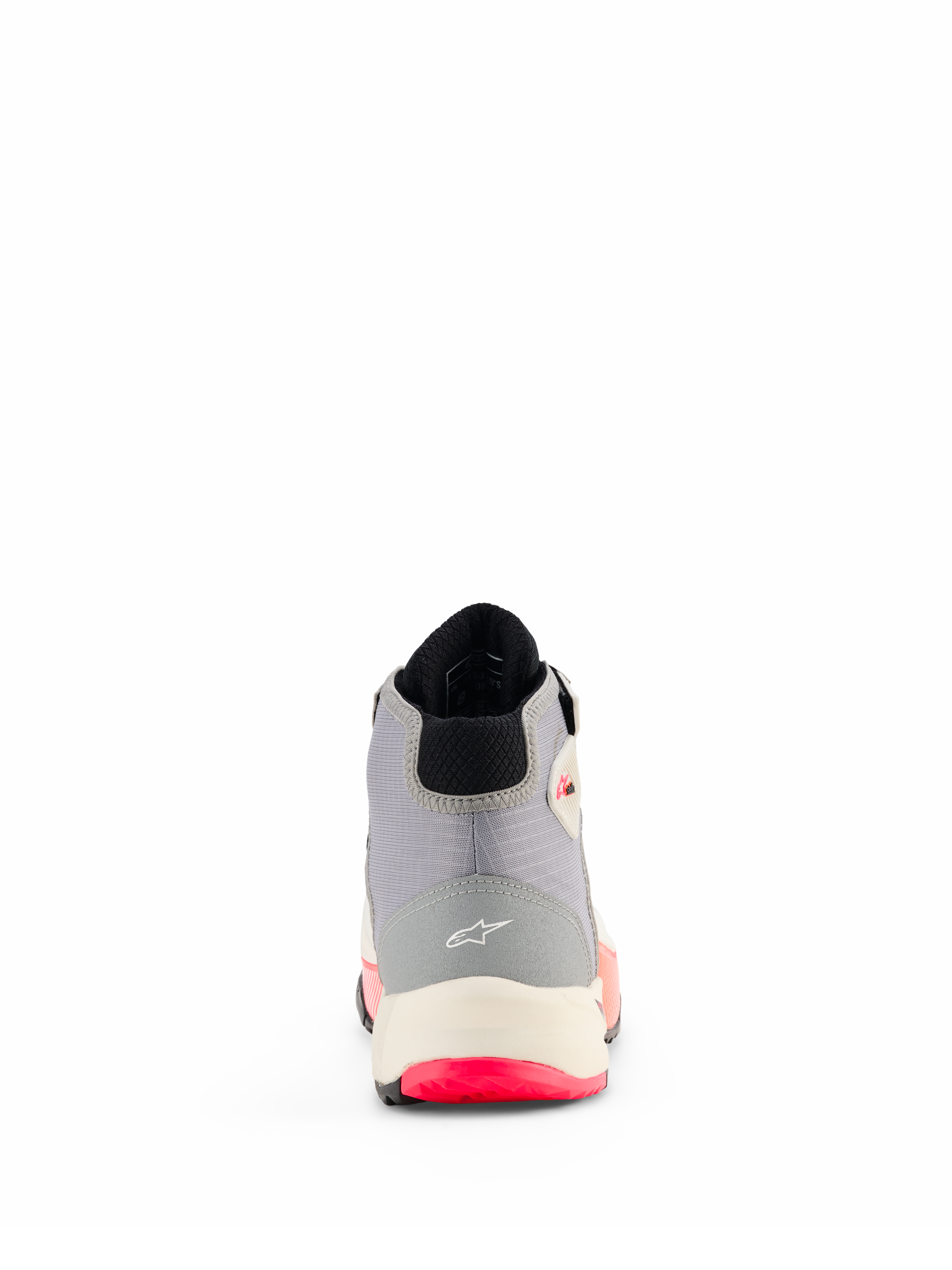 Chaussures de moto Alpinestars CR-X Drystar® pour femme, chaussures de moto, blanc, gris moyen, noir et rose Diva, vue arrière montrant la construction du talon avec le logo Alpinestars, semelle intermédiaire blanche et détails de la semelle extérieure rose vif.