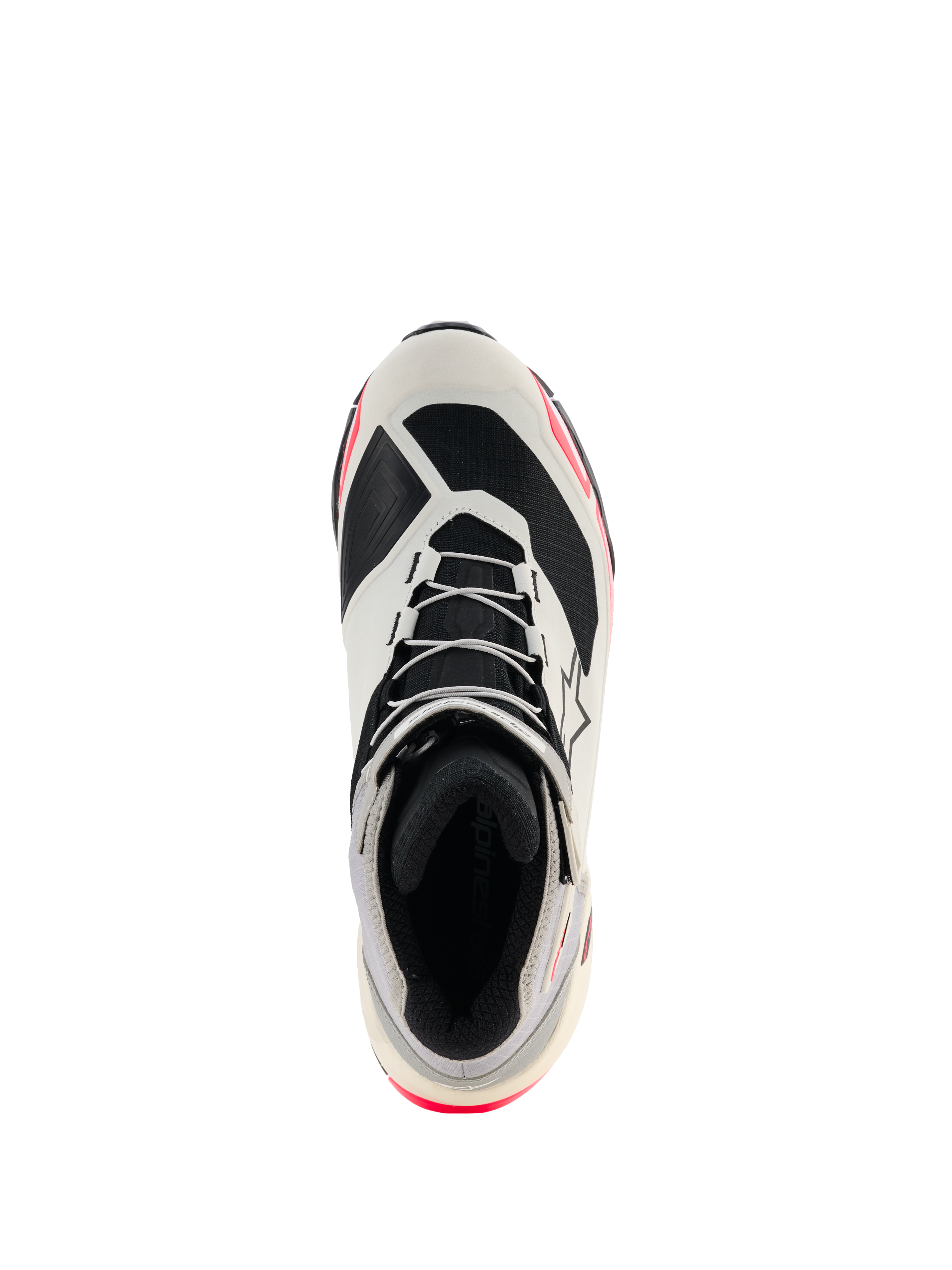 Chaussures de moto Alpinestars CR-X Drystar® pour femme, blanc, gris moyen, noir et rose diva, vue de dessus mettant en évidence le laçage et la doublure intérieure, design inspiré des chaussures de running avec des touches de rose, chaussures de moto imperméables