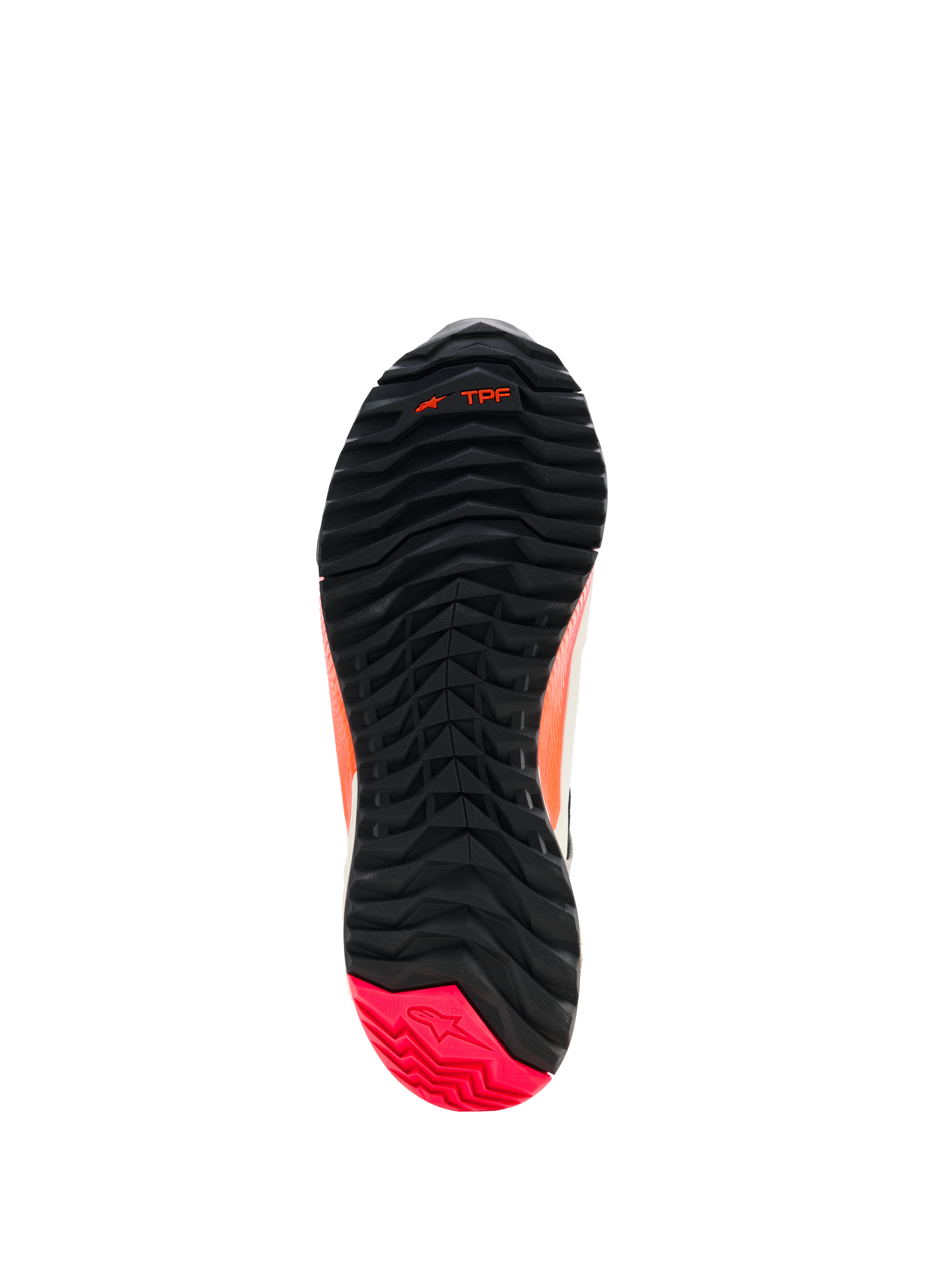 Alpinestars CR-X Drystar® pour femme, chaussures de moto, vue de la semelle extérieure, noir avec talon Diva Pink, motif de crampons robuste doté d'une configuration asymétrique, rainures de flexion à l'avant-pied et marquage TPF
