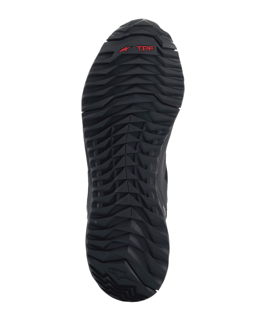 Alpinestars CR-1 Shoes, Motorcycle Riding Shoes, Black and Dark Gray, bottom view of the rubber sole featuring an aggressive tread pattern, red TPF logo, and embossed star emblem, engineered for road and sport riding.
