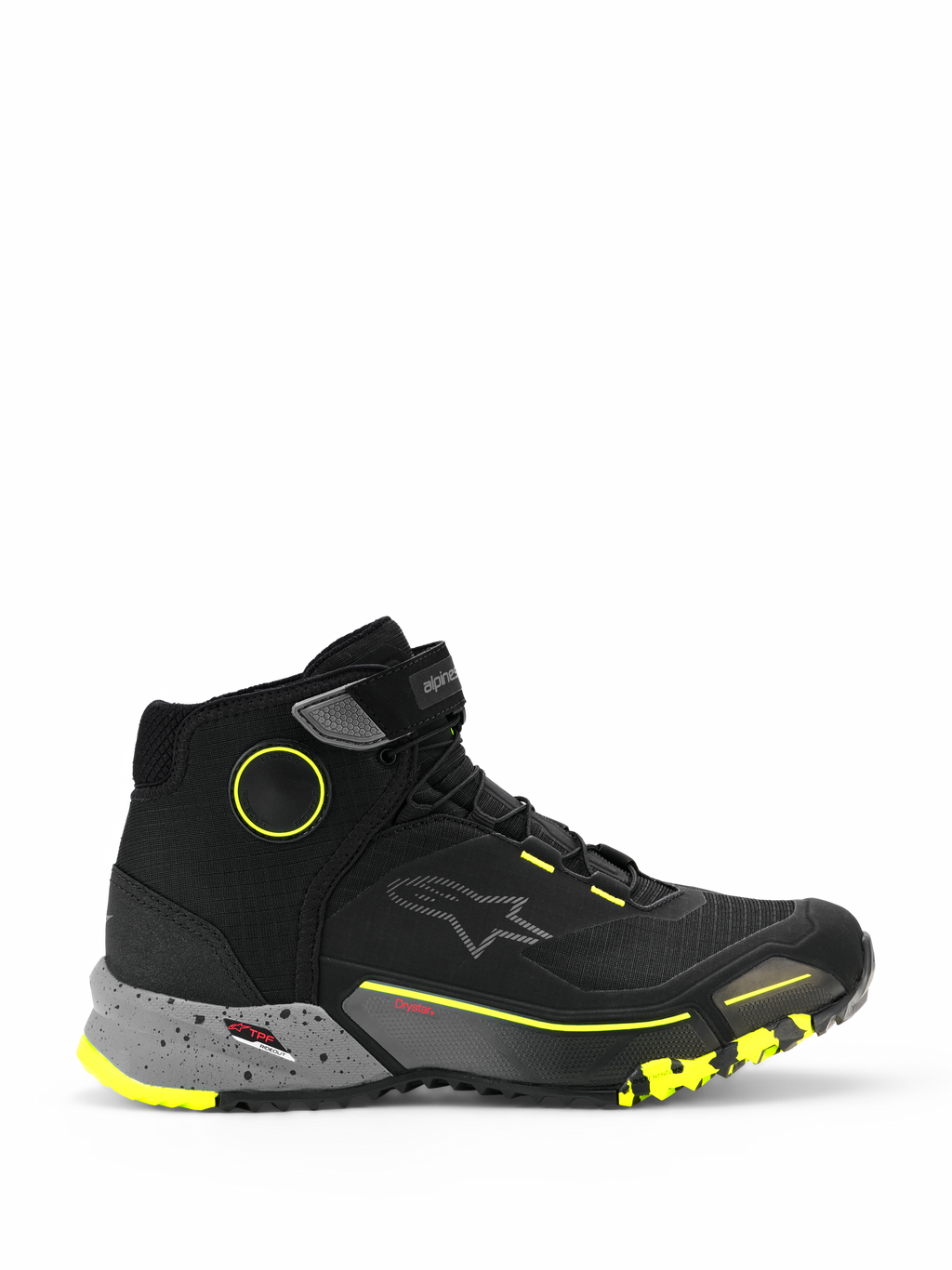 Chaussures de moto Alpinestars CR-X Drystar, baskets de moto urbaines montantes, noires avec semelle intermédiaire gris foncé mouchetée et accents jaune fluo, membrane Drystar imperméable, semelle texturée robuste, chaussures de moto protectrices au style décontracté
