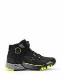 Chaussures de moto Alpinestars CR-X Drystar, baskets de moto urbaines montantes, noires avec semelle intermédiaire gris foncé mouchetée et accents jaune fluo, membrane Drystar imperméable, semelle texturée robuste, chaussures de moto protectrices au style décontracté